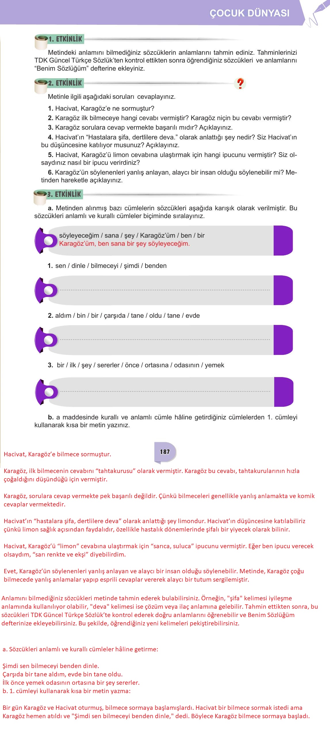 6. Sınıf Meb Yayınları Türkçe Ders Kitabı Sayfa 187 Cevapları