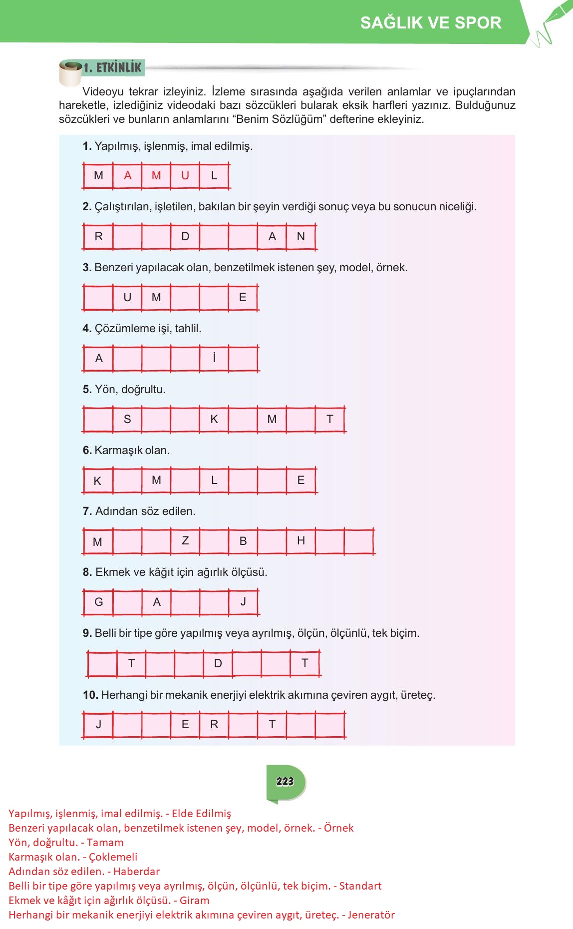 6. Sınıf Meb Yayınları Türkçe Ders Kitabı Sayfa 223 Cevapları