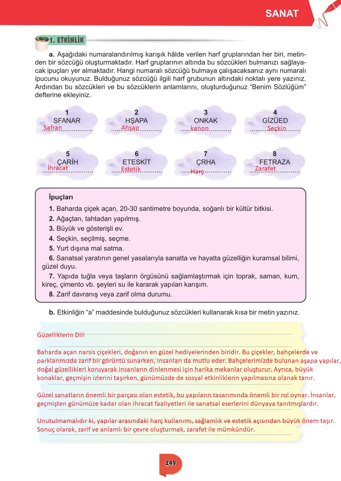 6. Sınıf Meb Yayınları Türkçe Ders Kitabı Sayfa 249 Cevapları