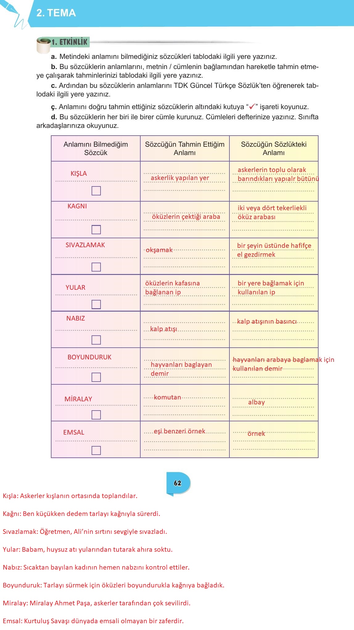6. Sınıf Meb Yayınları Türkçe Ders Kitabı Sayfa 62 Cevapları