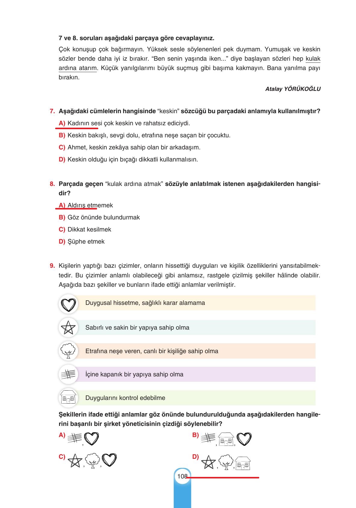 6. Sınıf Yıldırım Yayınları Türkçe Ders Kitabı Sayfa 108 Cevapları