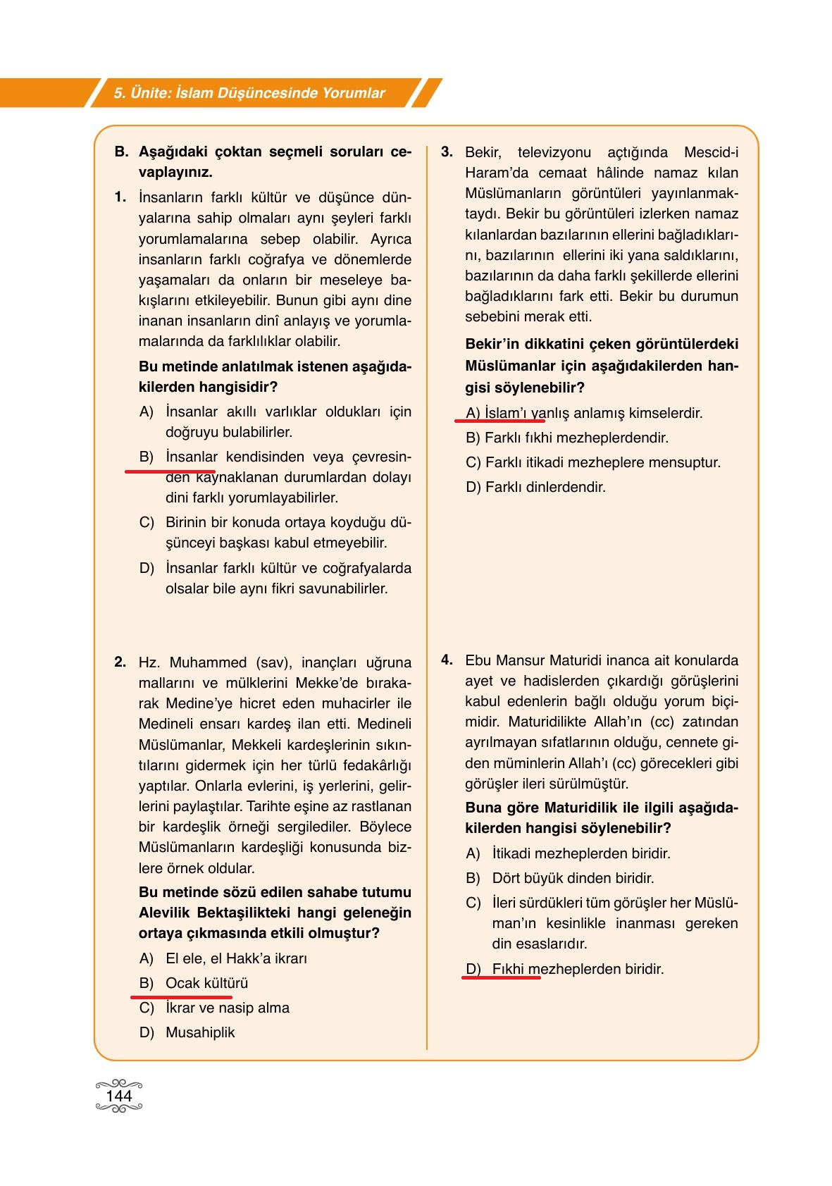 7. Sınıf Erkad Yayıncılık Din Kültürü Ve Ahlak Bilgisi Ders Kitabı Sayfa 144 Cevapları