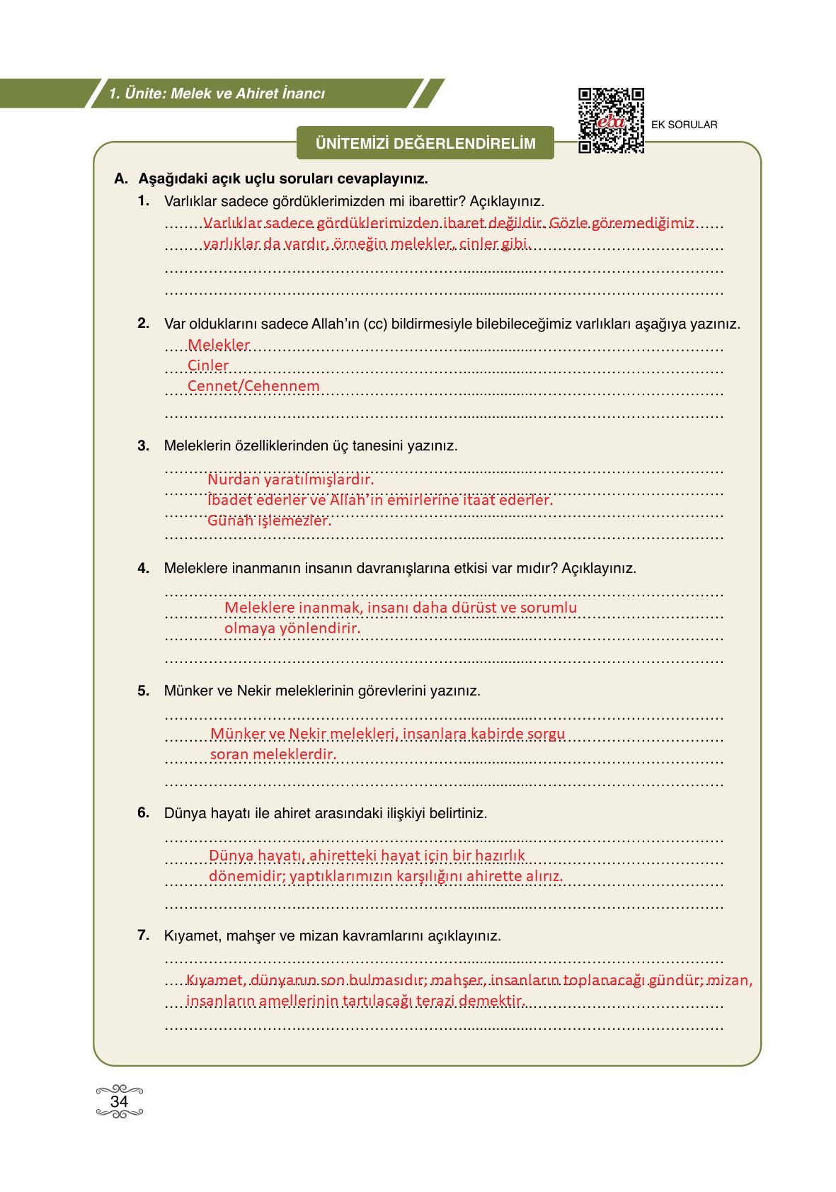 7. Sınıf Erkad Yayıncılık Din Kültürü Ve Ahlak Bilgisi Ders Kitabı Sayfa 34 Cevapları
