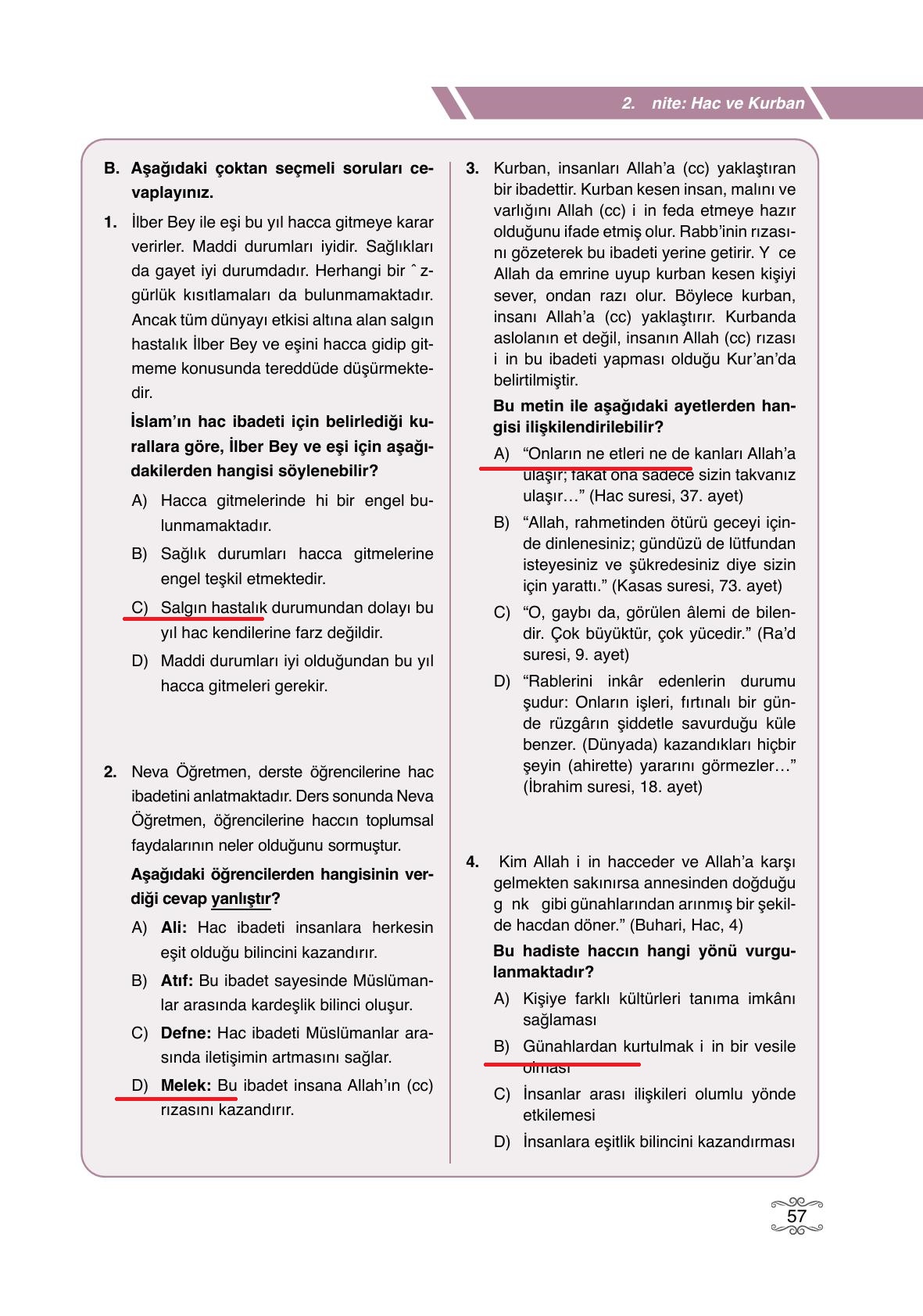 7. Sınıf Erkad Yayıncılık Din Kültürü Ve Ahlak Bilgisi Ders Kitabı Sayfa 57 Cevapları