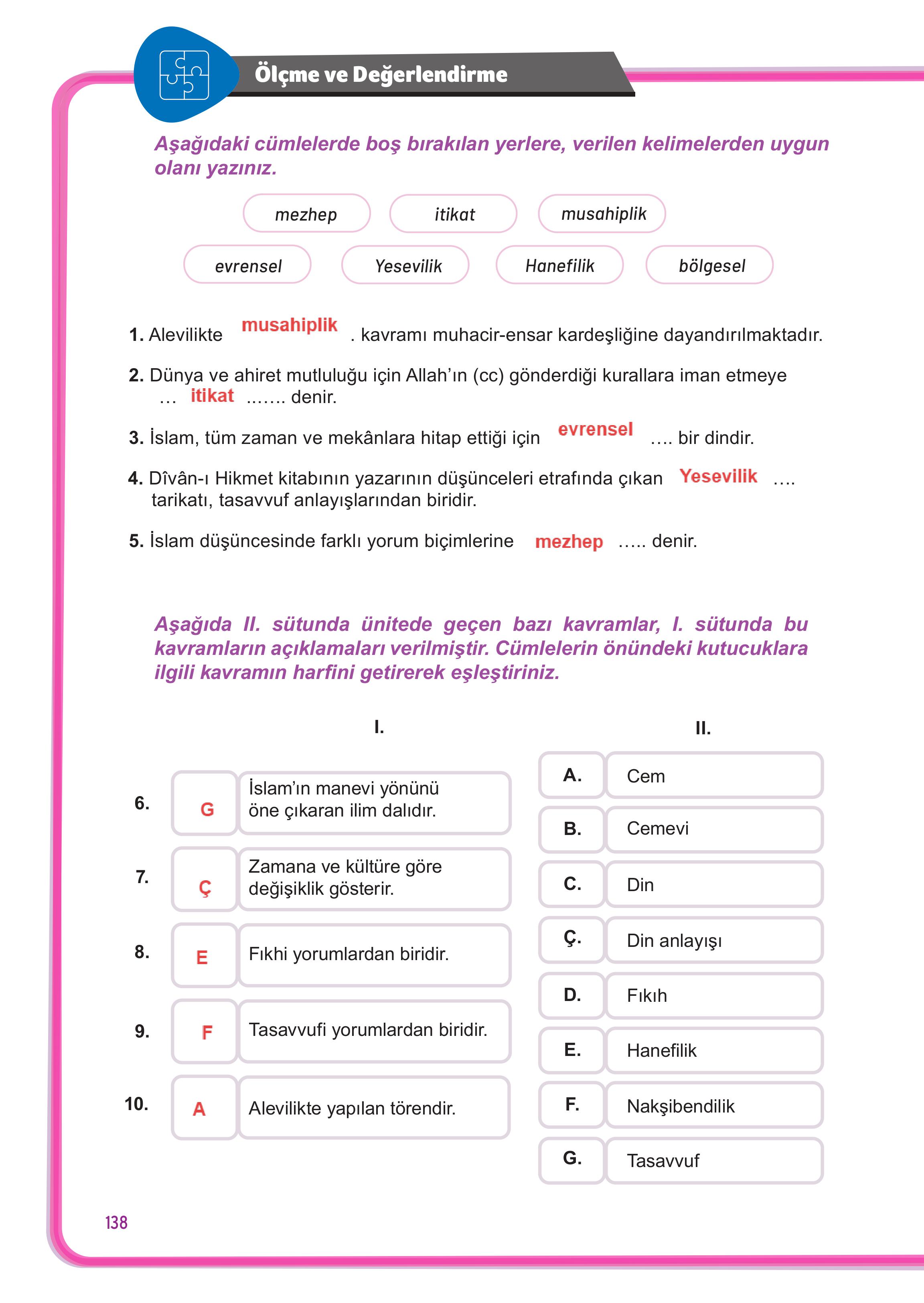 7. Sınıf Meb Yayınları Din Kültürü Ve Ahlak Bilgisi Ders Kitabı Sayfa 138 Cevapları