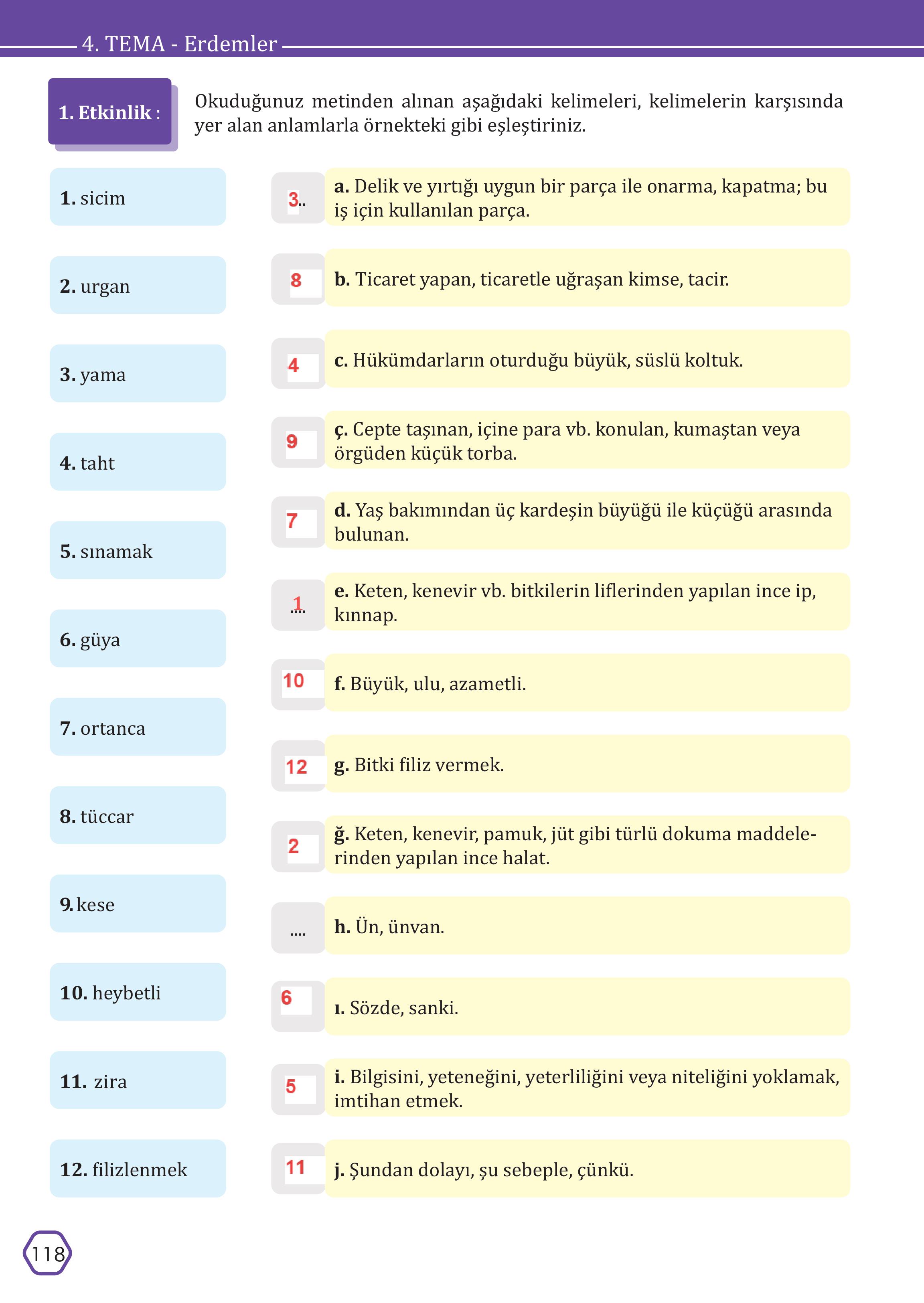 7. Sınıf Meb Yayınları Türkçe Ders Kitabı Sayfa 118 Cevapları