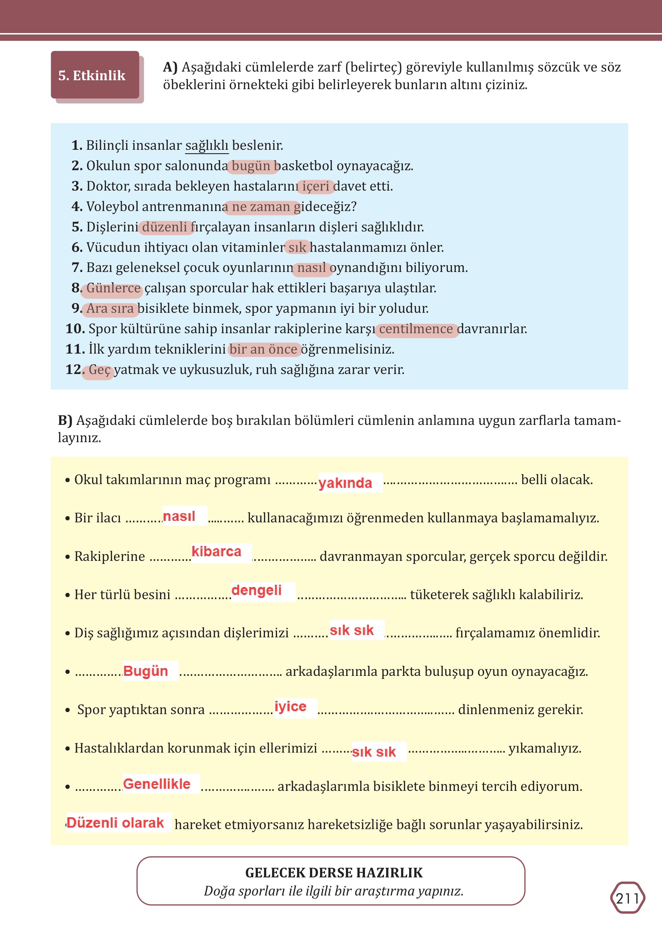 7. Sınıf Meb Yayınları Türkçe Ders Kitabı Sayfa 211 Cevapları