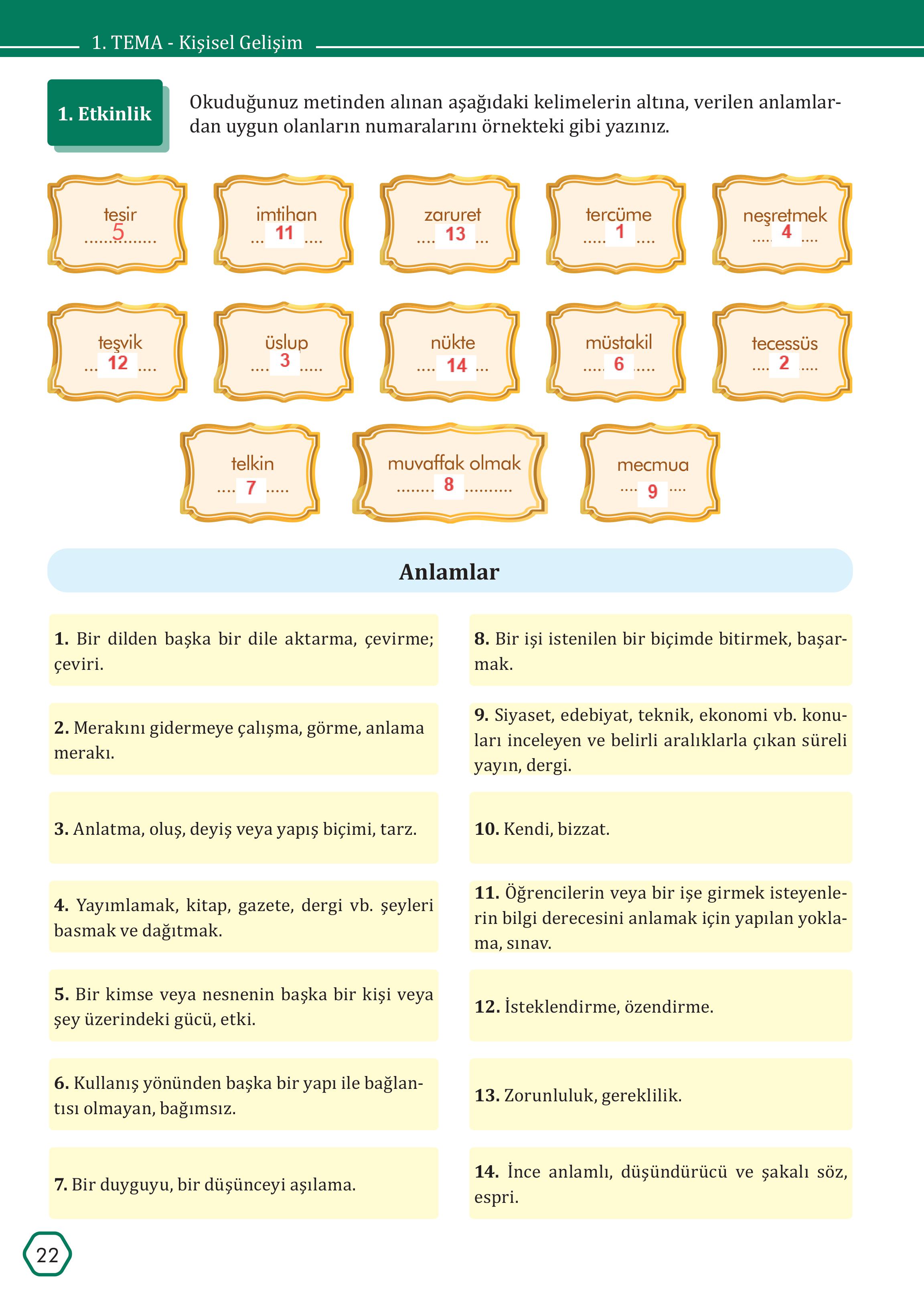 7. Sınıf Meb Yayınları Türkçe Ders Kitabı Sayfa 22 Cevapları