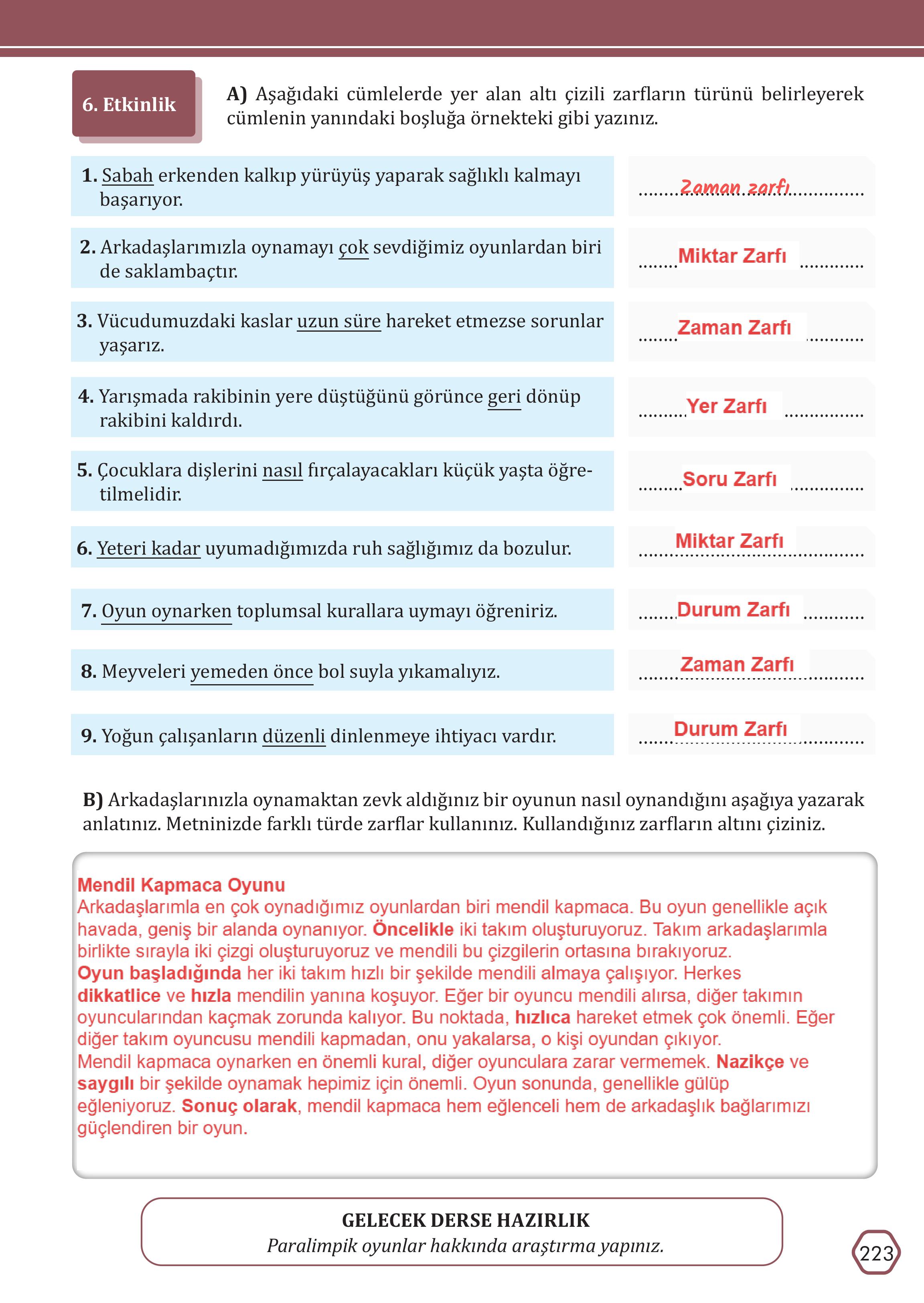 7. Sınıf Meb Yayınları Türkçe Ders Kitabı Sayfa 223 Cevapları