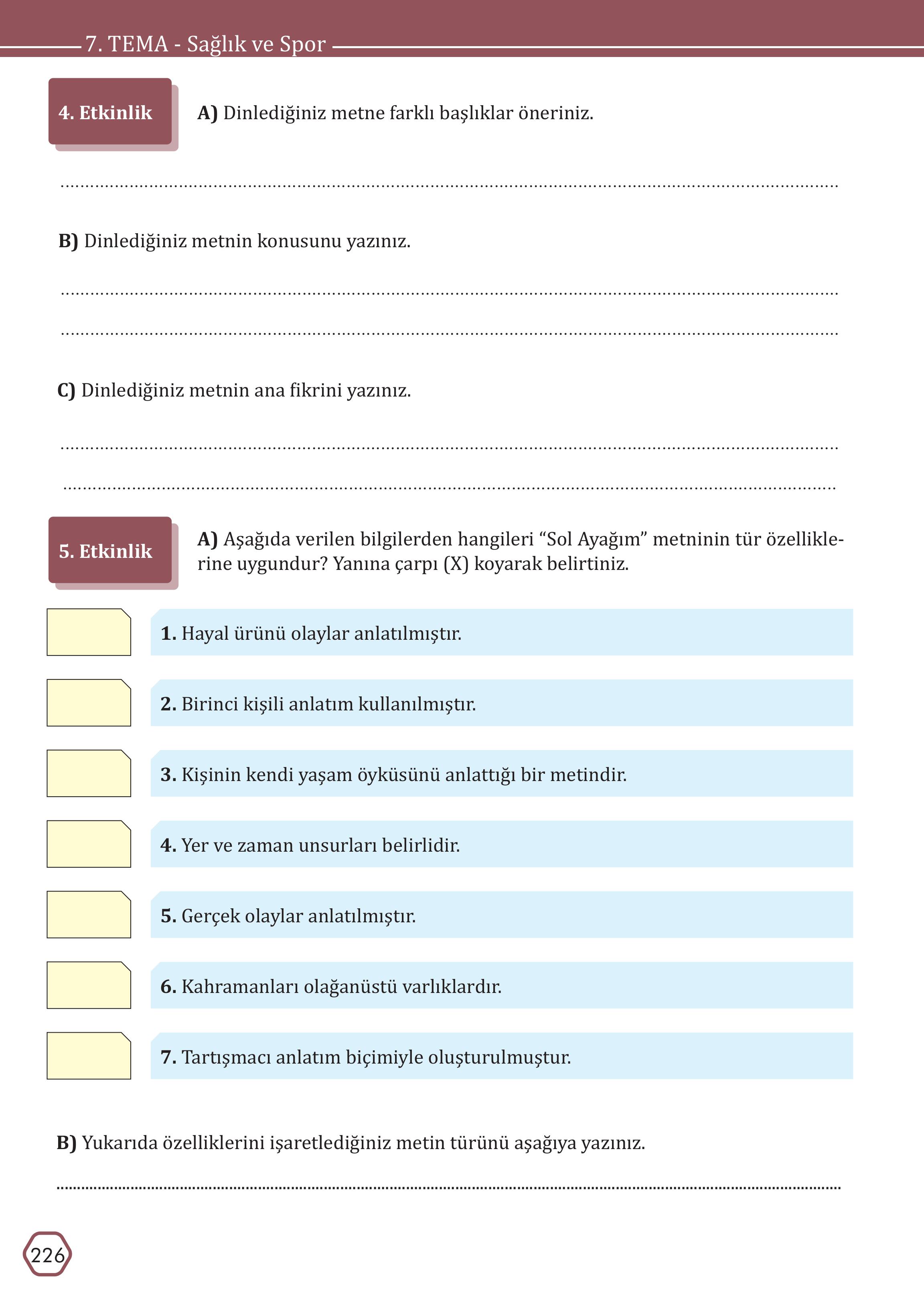 7. Sınıf Meb Yayınları Türkçe Ders Kitabı Sayfa 226 Cevapları 7. Sınıf Meb Yayınları Türkçe Ders Kitabı Sayfa 226 Cevapları