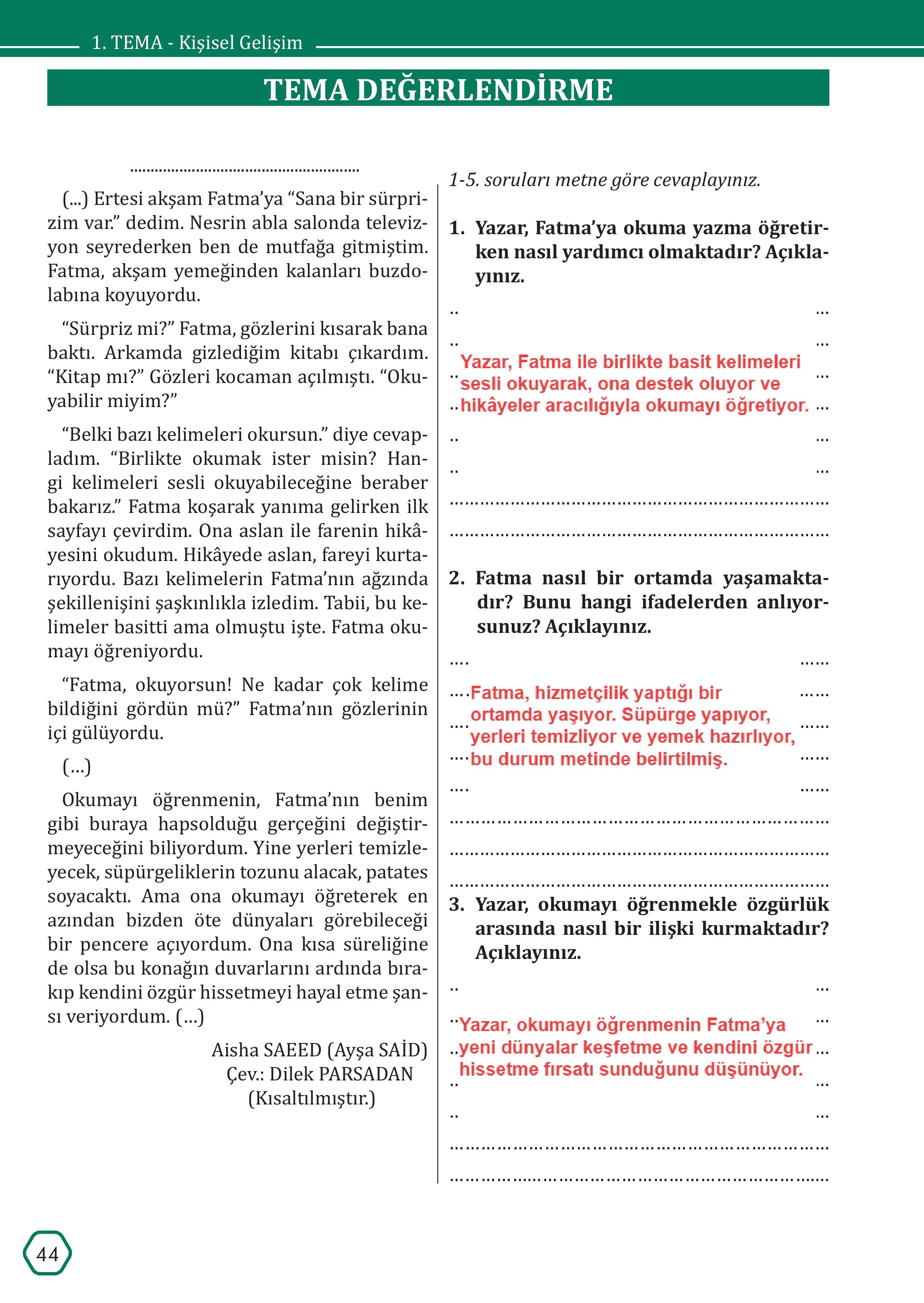 7. Sınıf Meb Yayınları Türkçe Ders Kitabı Sayfa 44 Cevapları
