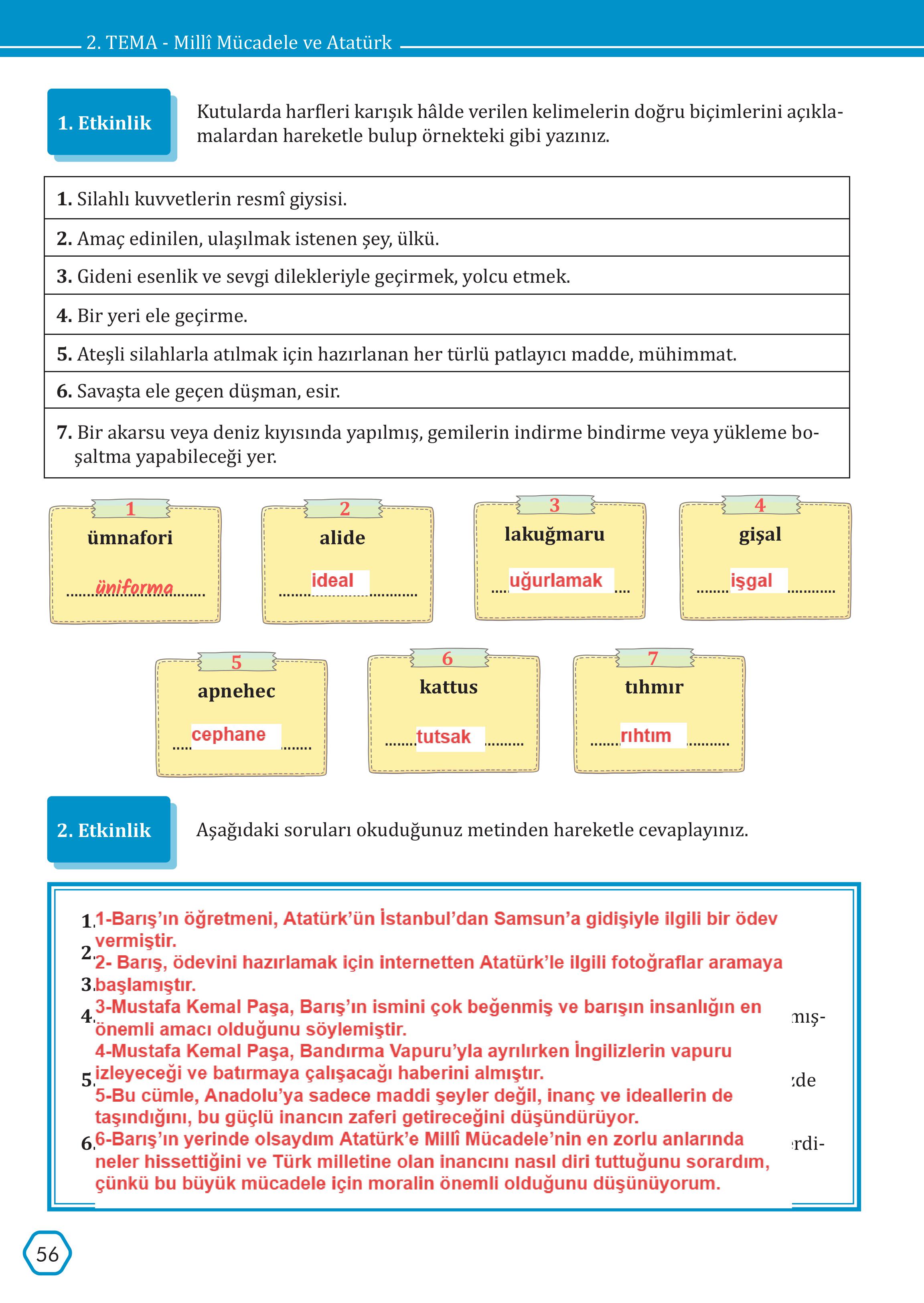 7. Sınıf Meb Yayınları Türkçe Ders Kitabı Sayfa 56 Cevapları