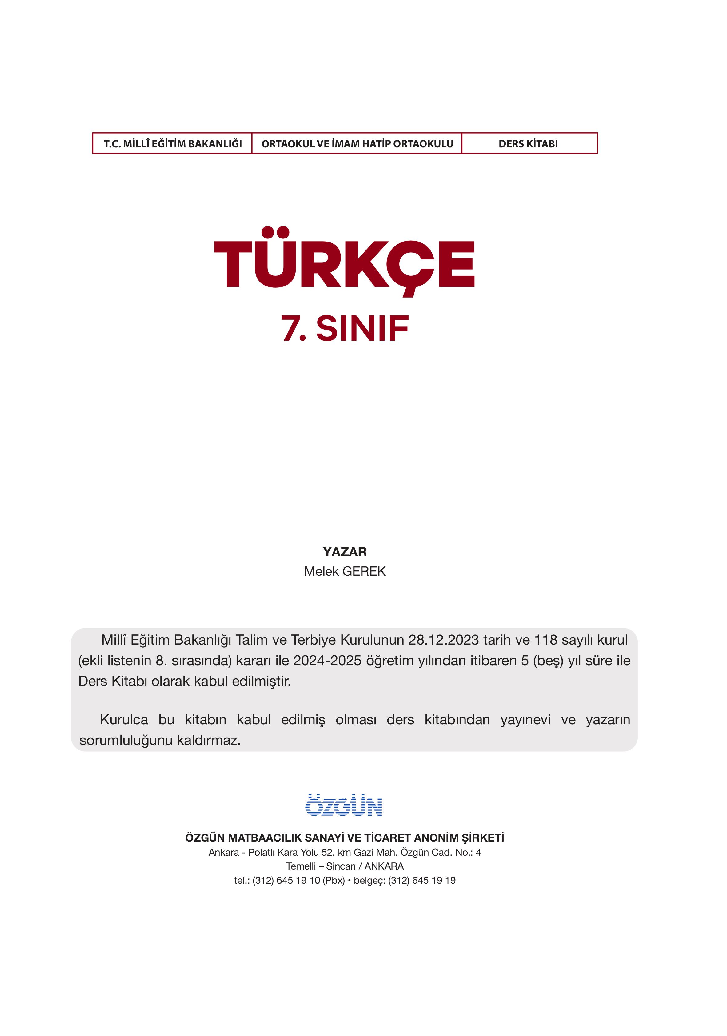 7. Sınıf Özgün Yayıncılık Türkçe Ders Kitabı Sayfa 1 Cevapları