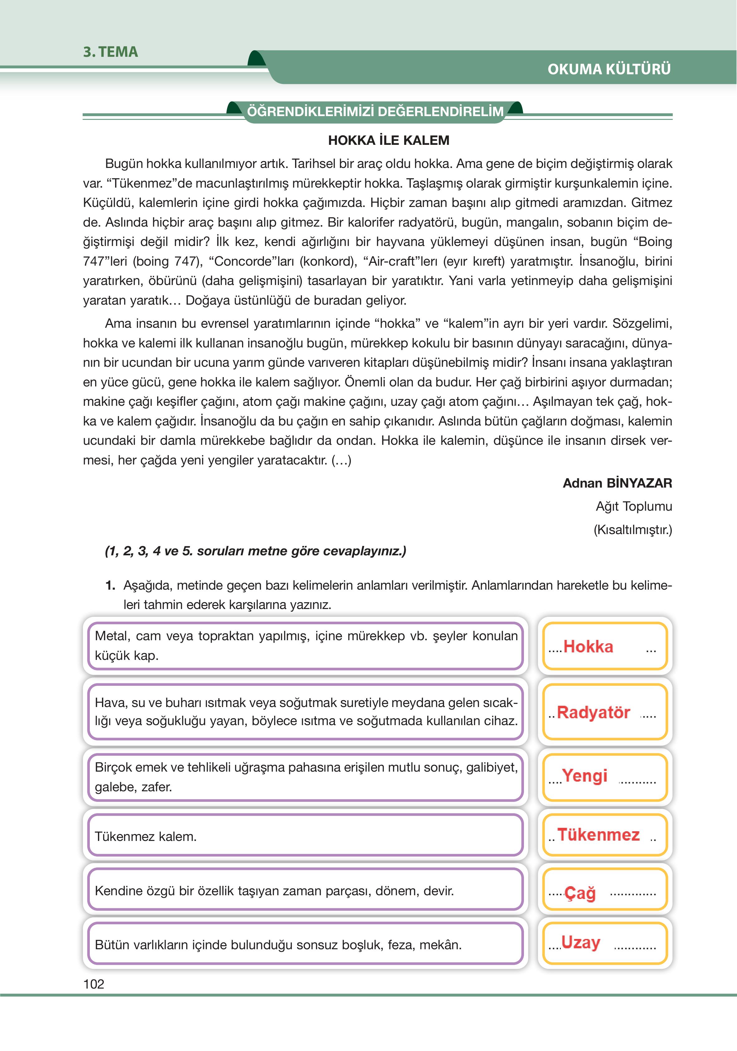 7. Sınıf Özgün Yayıncılık Türkçe Ders Kitabı Sayfa 102 Cevapları