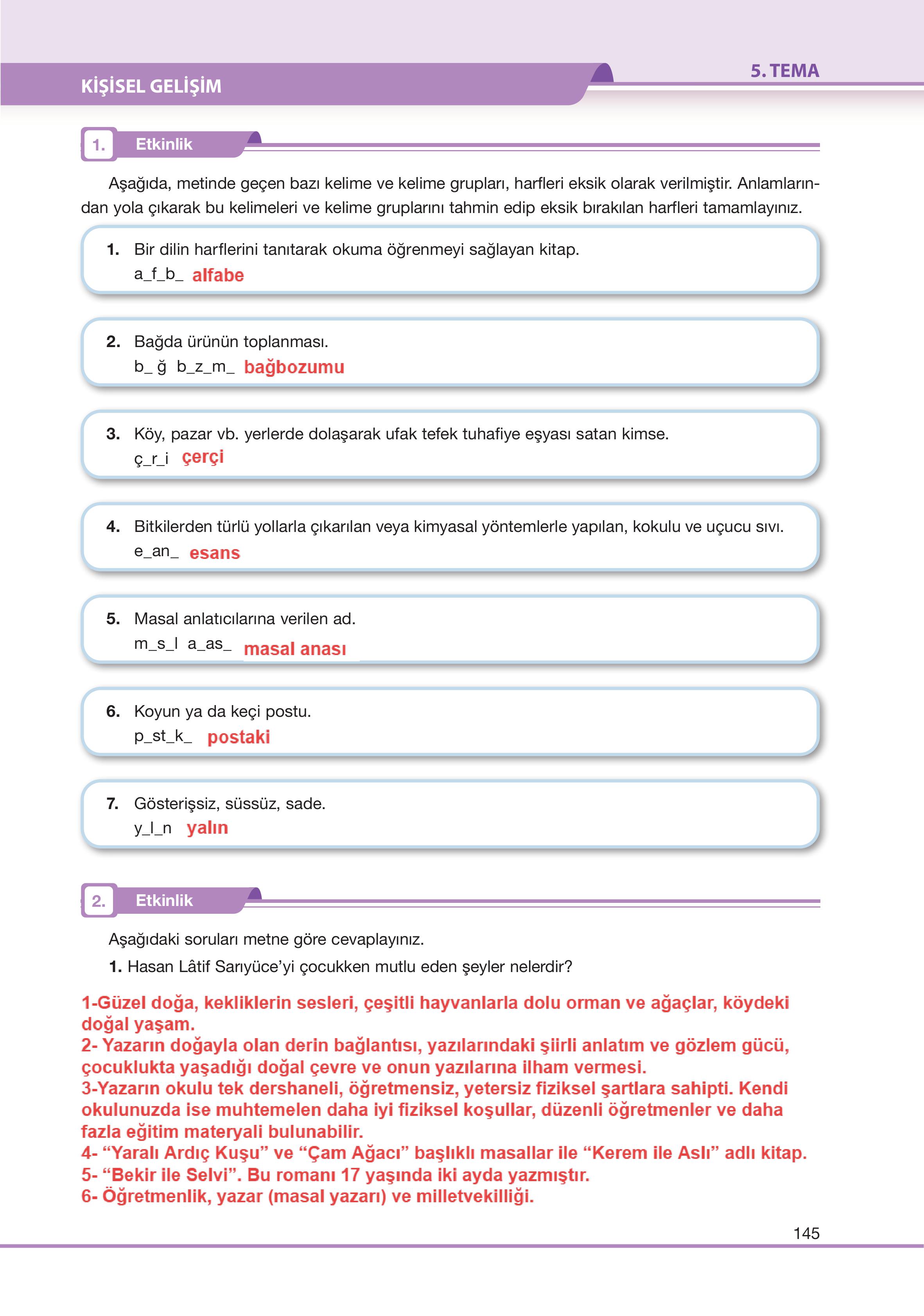7. Sınıf Özgün Yayıncılık Türkçe Ders Kitabı Sayfa 145 Cevapları