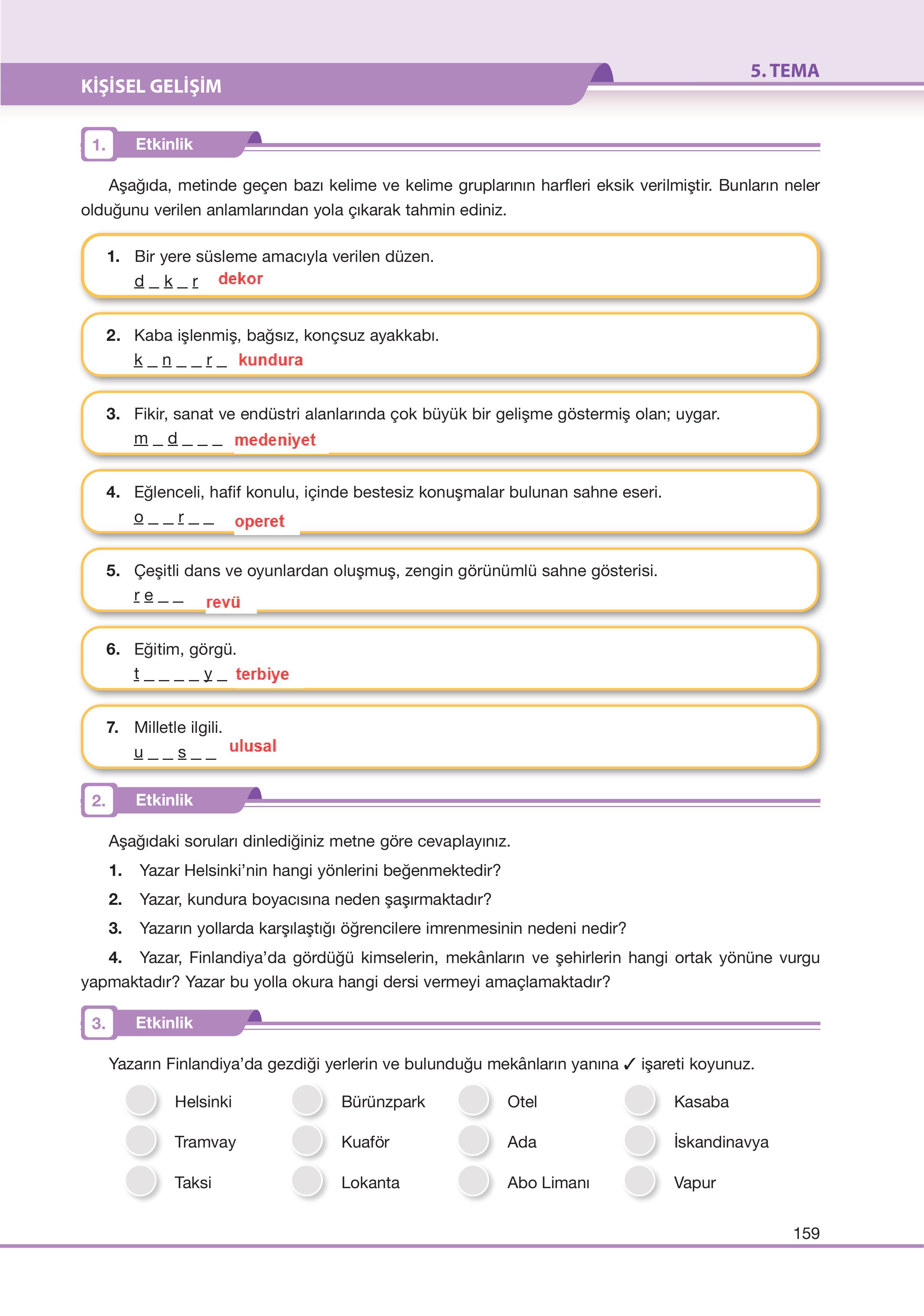 7. Sınıf Özgün Yayıncılık Türkçe Ders Kitabı Sayfa 159 Cevapları