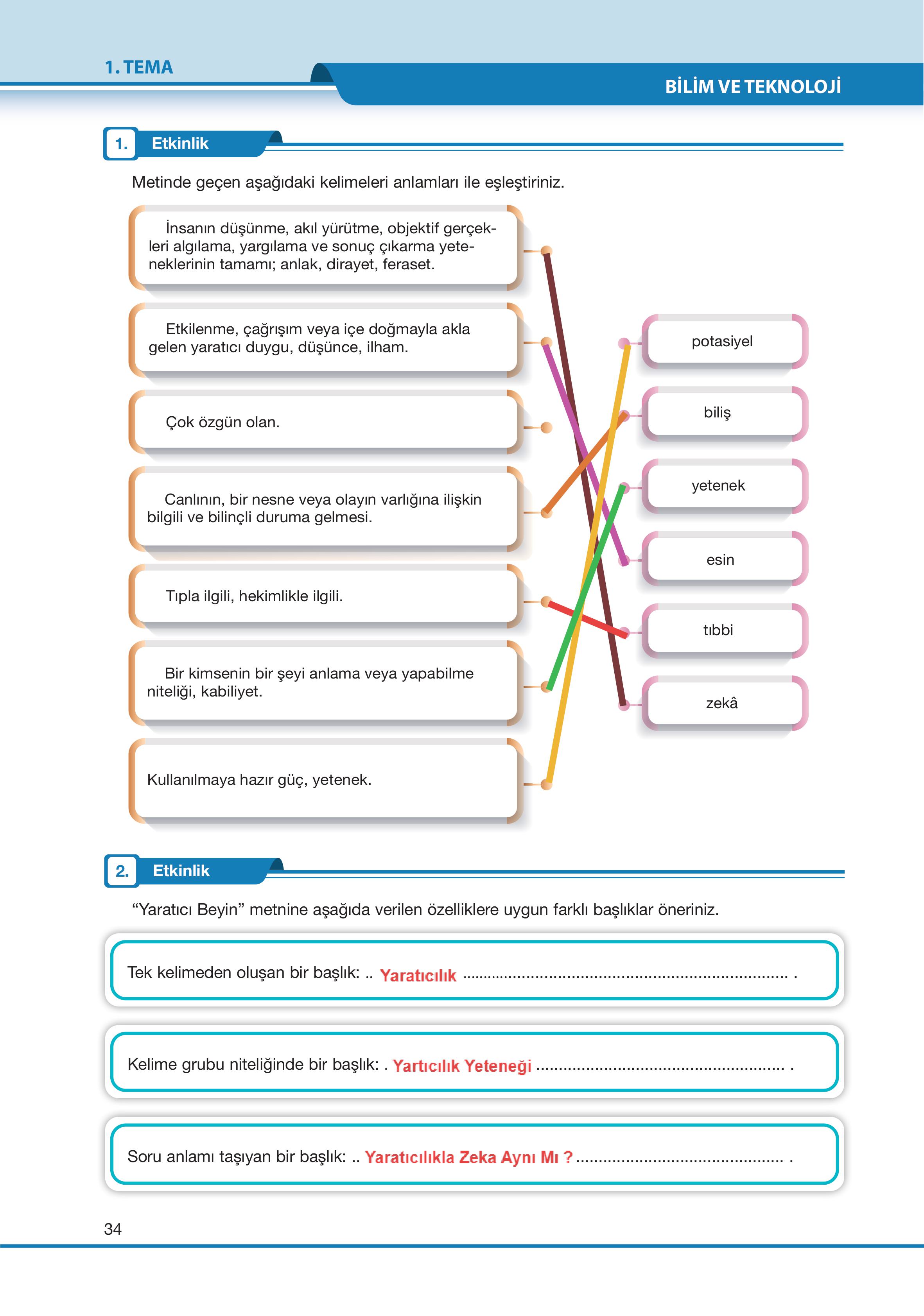 7. Sınıf Özgün Yayıncılık Türkçe Ders Kitabı Sayfa 34 Cevapları