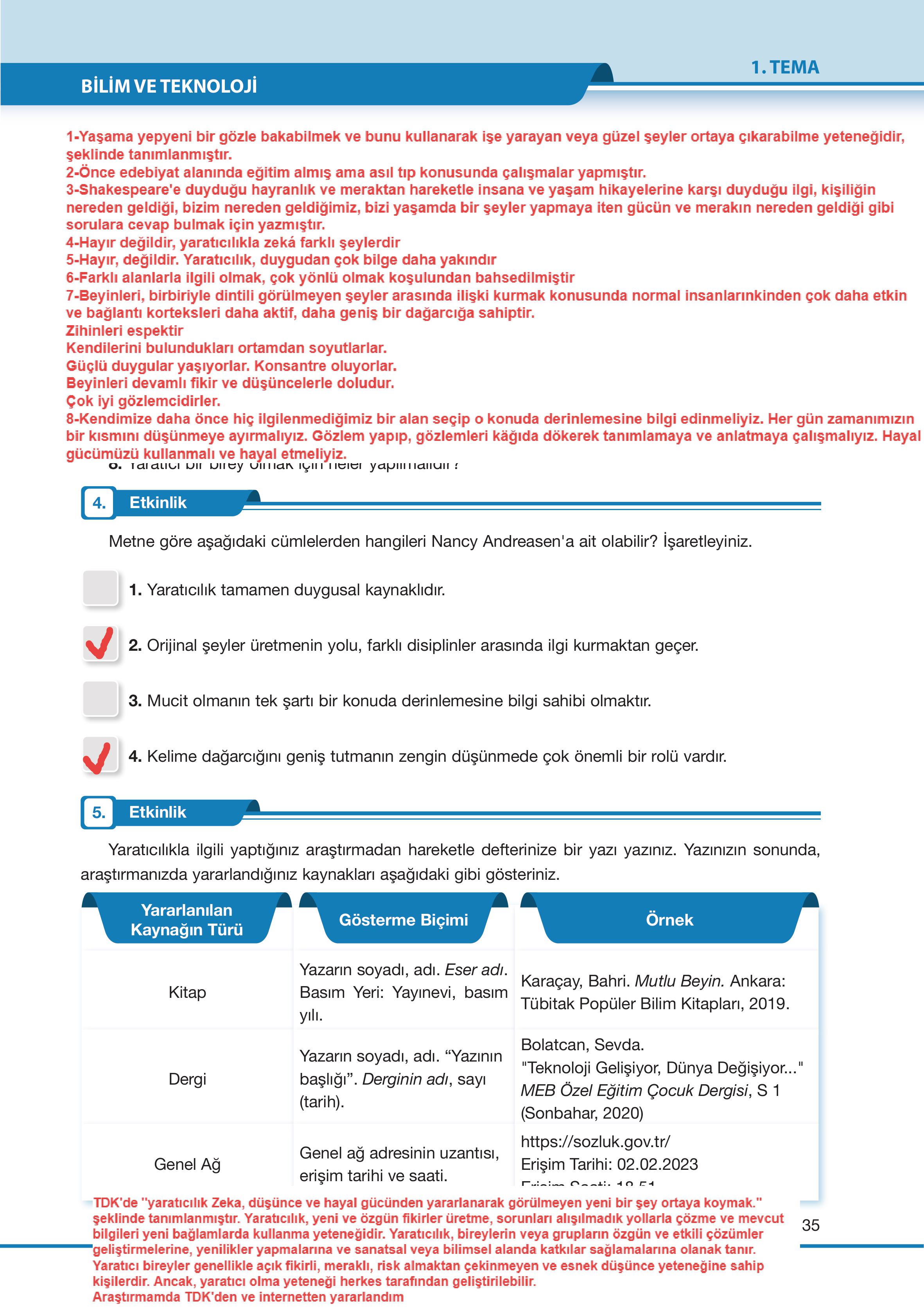 7. Sınıf Özgün Yayıncılık Türkçe Ders Kitabı Sayfa 35 Cevapları