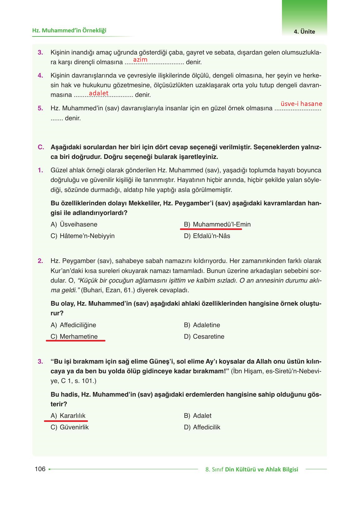 8. Sınıf Gezegen Yayıncılık Din Kültürü Ve Ahlak Bilgisi Ders Kitabı Sayfa 106 Cevapları