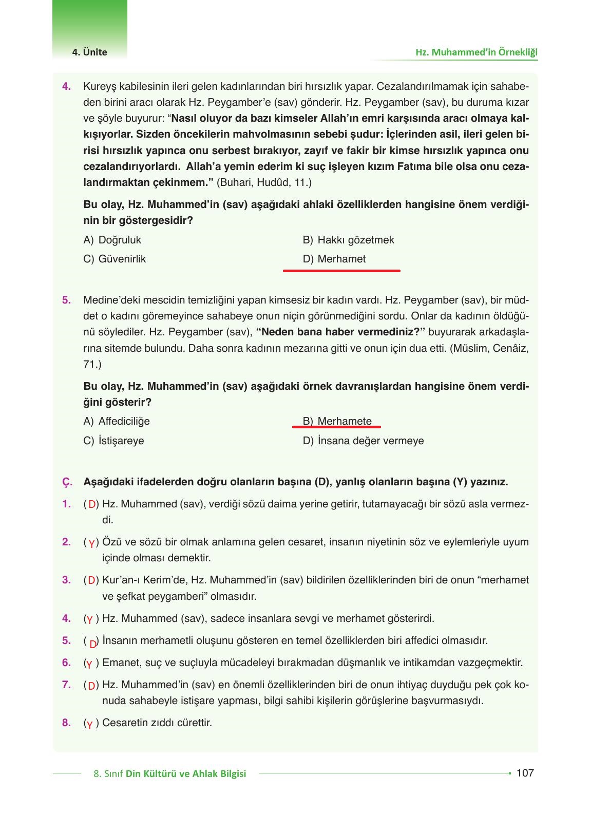 8. Sınıf Gezegen Yayıncılık Din Kültürü Ve Ahlak Bilgisi Ders Kitabı Sayfa 107 Cevapları