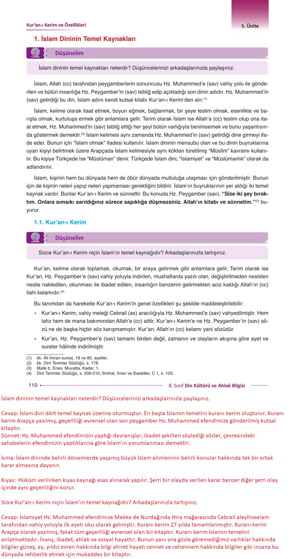 8. Sınıf Gezegen Yayıncılık Din Kültürü Ve Ahlak Bilgisi Ders Kitabı Sayfa 110 Cevapları