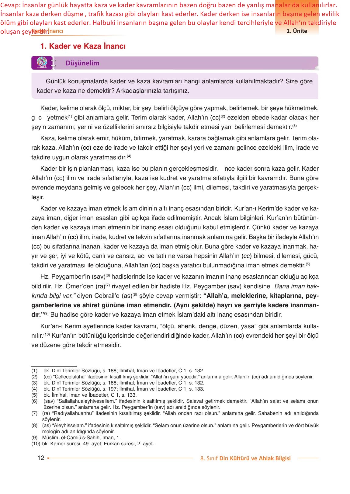 8. Sınıf Gezegen Yayıncılık Din Kültürü Ve Ahlak Bilgisi Ders Kitabı Sayfa 12 Cevapları