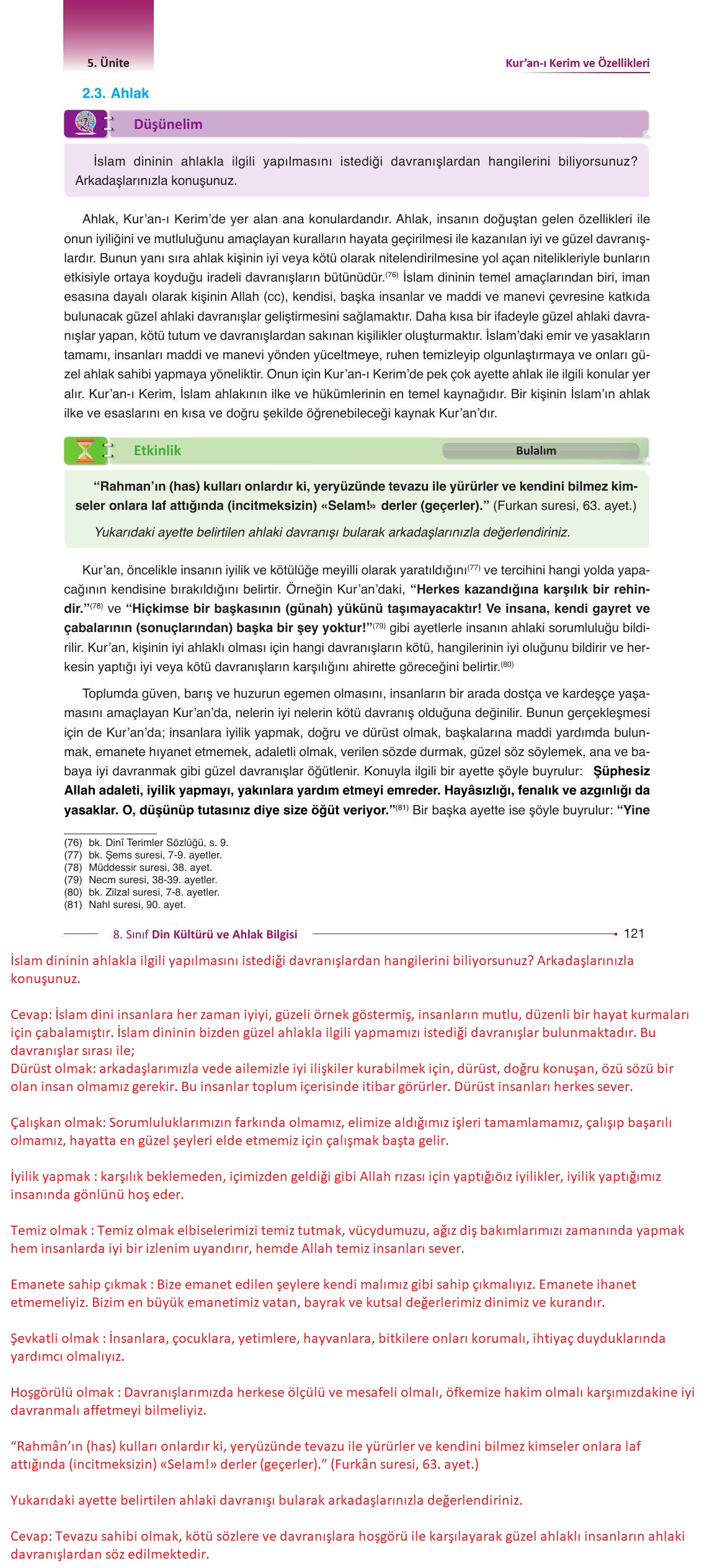 8. Sınıf Gezegen Yayıncılık Din Kültürü Ve Ahlak Bilgisi Ders Kitabı Sayfa 121 Cevapları