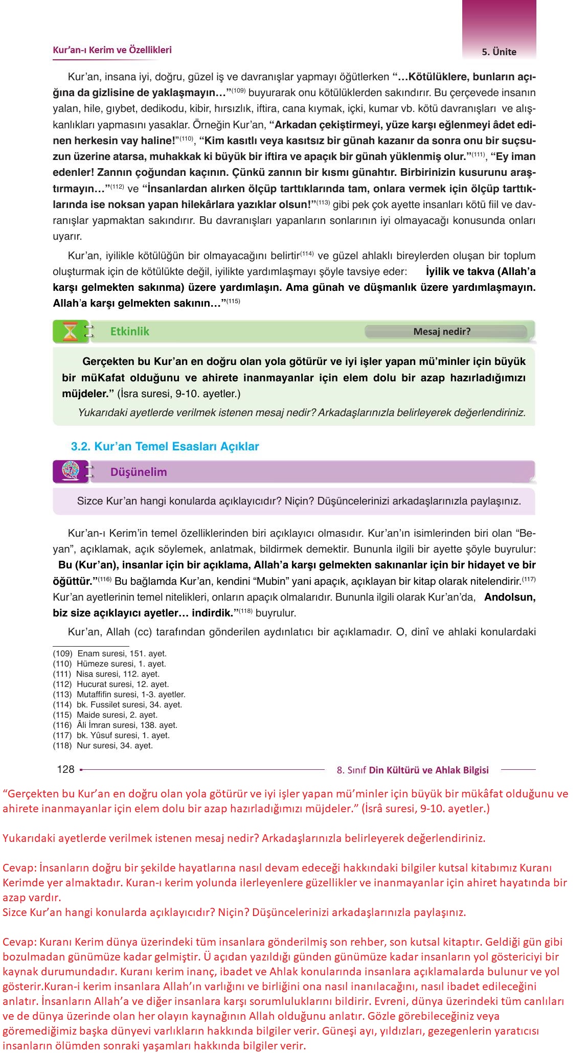 8. Sınıf Gezegen Yayıncılık Din Kültürü Ve Ahlak Bilgisi Ders Kitabı Sayfa 128 Cevapları