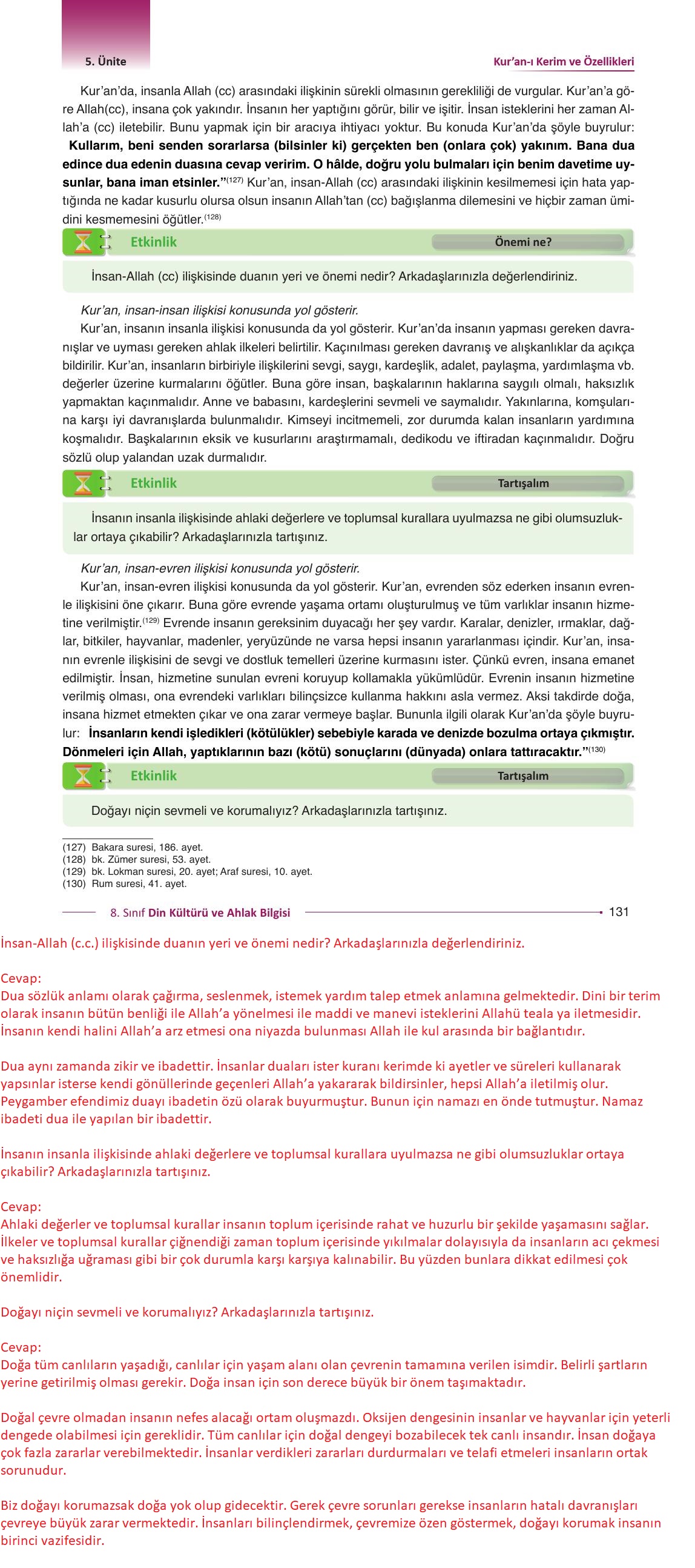 8. Sınıf Gezegen Yayıncılık Din Kültürü Ve Ahlak Bilgisi Ders Kitabı Sayfa 131 Cevapları