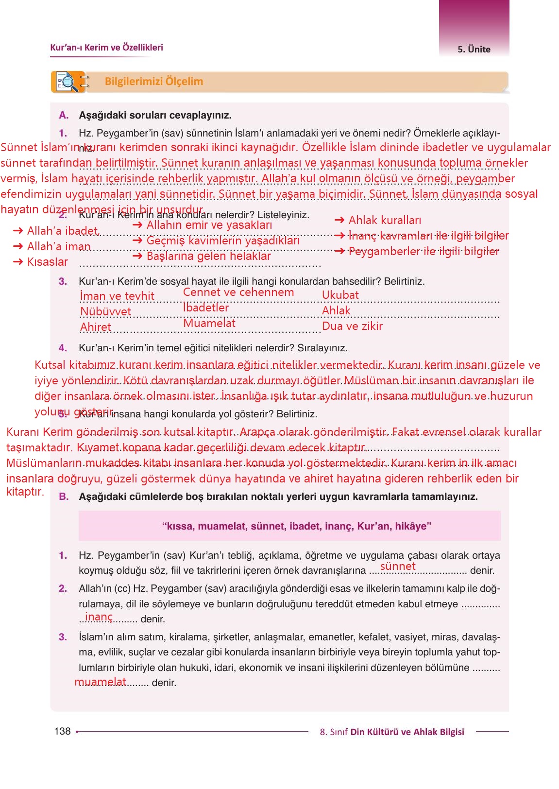 8. Sınıf Gezegen Yayıncılık Din Kültürü Ve Ahlak Bilgisi Ders Kitabı Sayfa 138 Cevapları