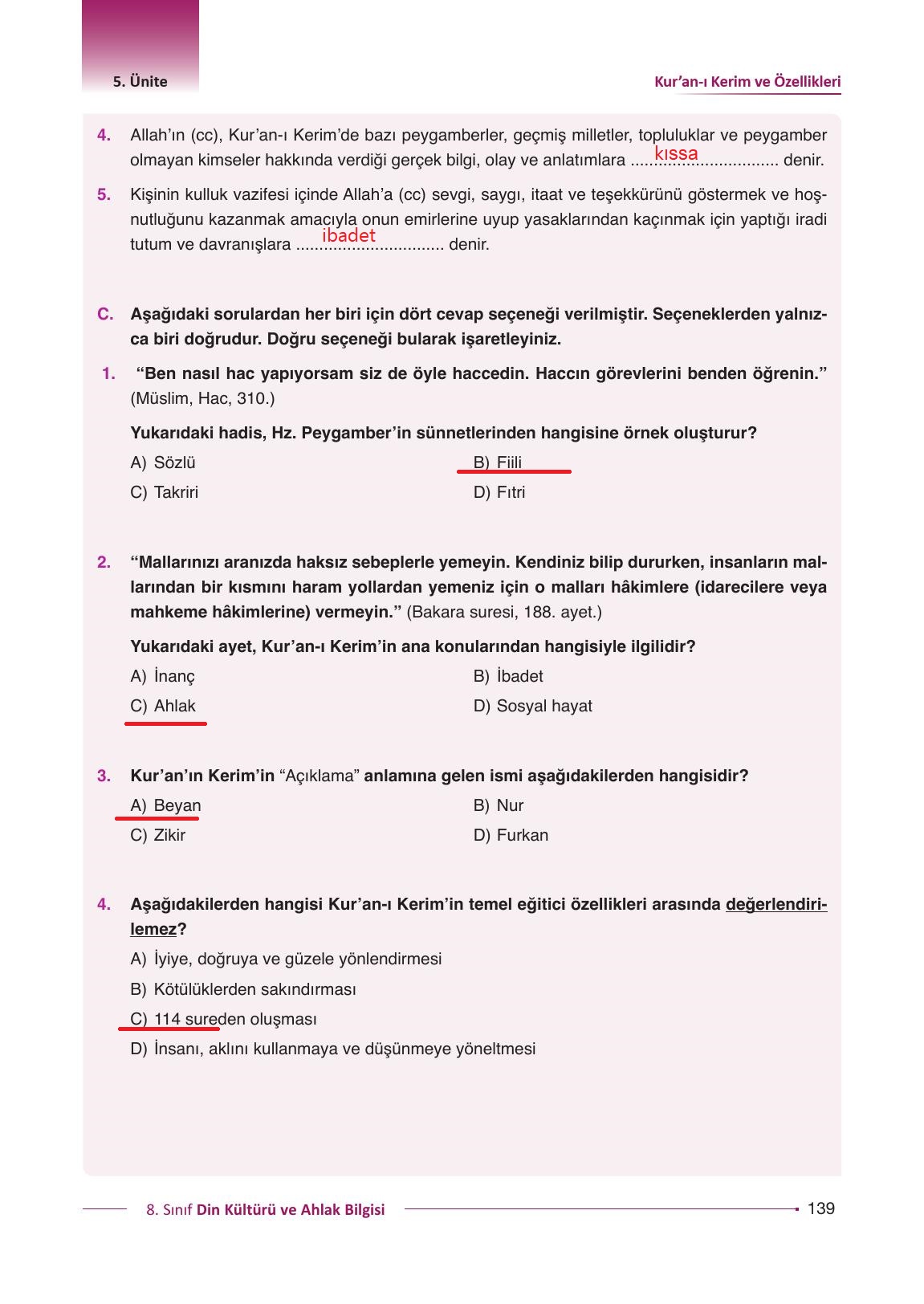 8. Sınıf Gezegen Yayıncılık Din Kültürü Ve Ahlak Bilgisi Ders Kitabı Sayfa 139 Cevapları