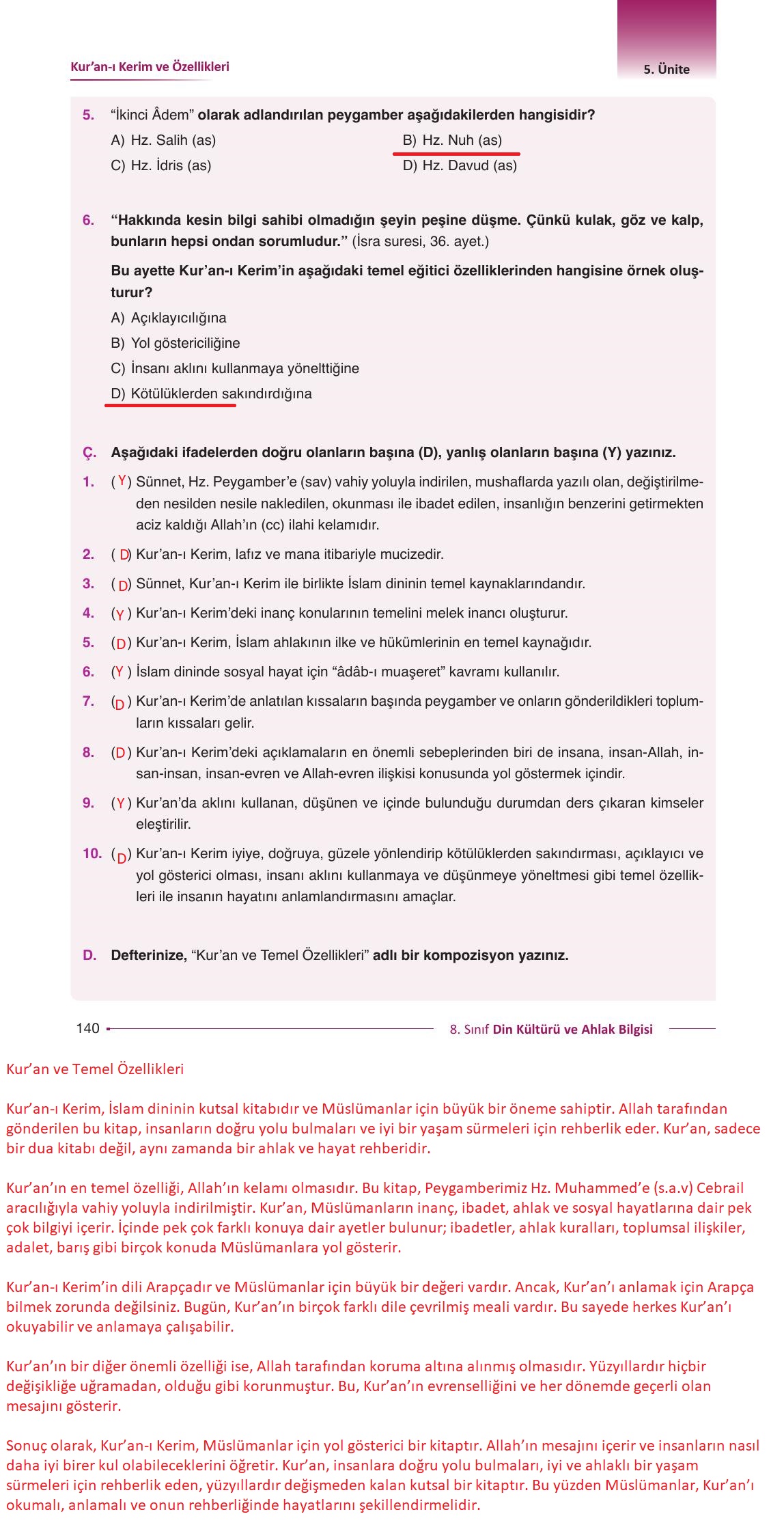 8. Sınıf Gezegen Yayıncılık Din Kültürü Ve Ahlak Bilgisi Ders Kitabı Sayfa 140 Cevapları