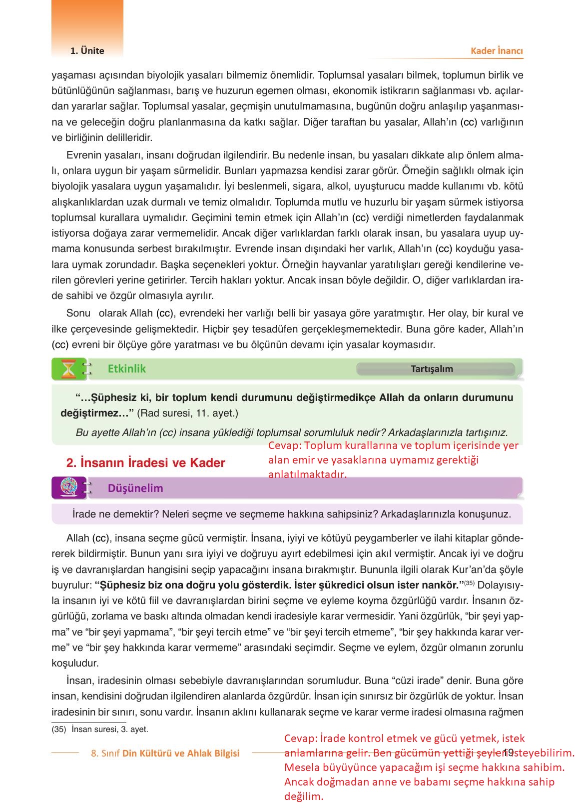 8. Sınıf Gezegen Yayıncılık Din Kültürü Ve Ahlak Bilgisi Ders Kitabı Sayfa 19 Cevapları