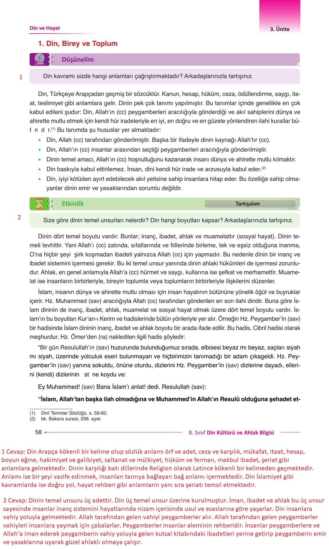 8. Sınıf Gezegen Yayıncılık Din Kültürü Ve Ahlak Bilgisi Ders Kitabı Sayfa 58 Cevapları