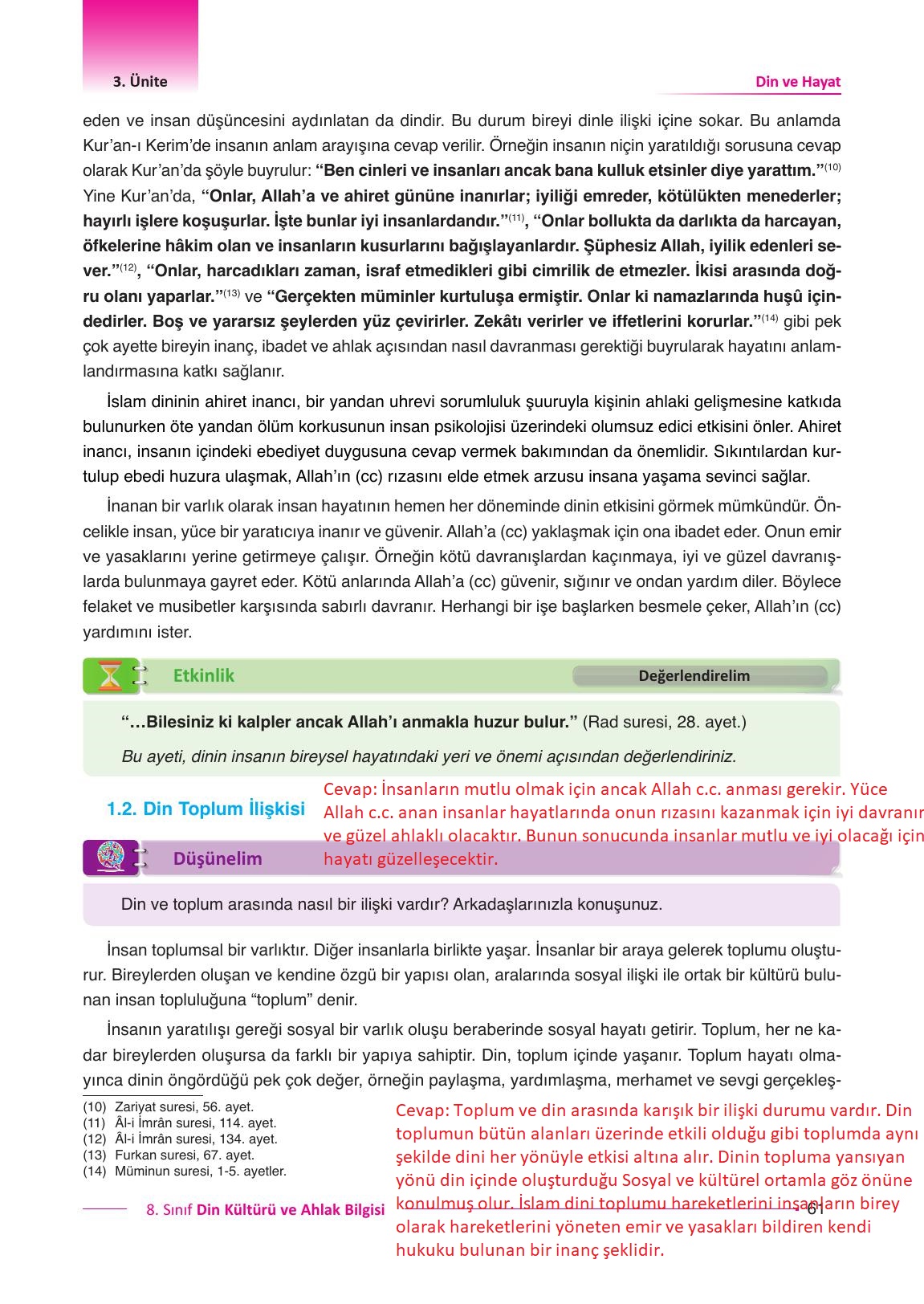 8. Sınıf Gezegen Yayıncılık Din Kültürü Ve Ahlak Bilgisi Ders Kitabı Sayfa 61 Cevapları