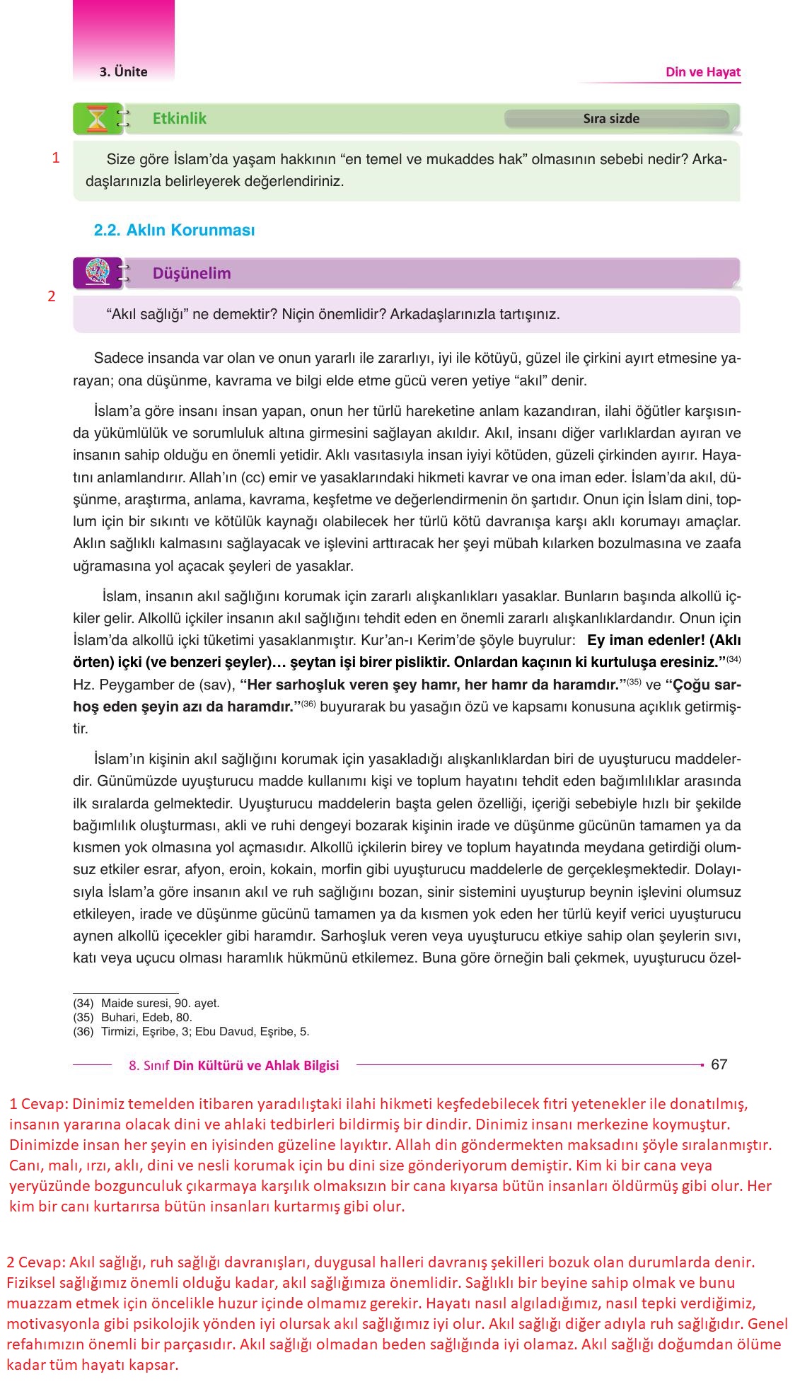 8. Sınıf Gezegen Yayıncılık Din Kültürü Ve Ahlak Bilgisi Ders Kitabı Sayfa 67 Cevapları