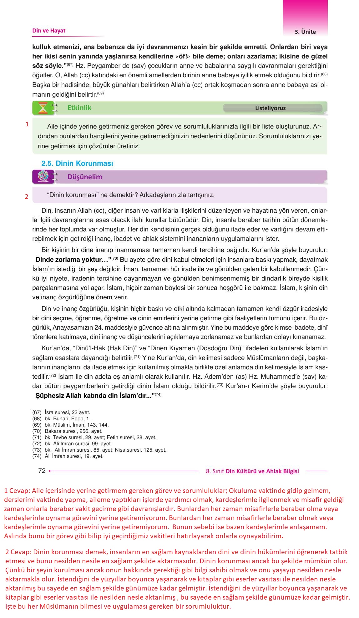 8. Sınıf Gezegen Yayıncılık Din Kültürü Ve Ahlak Bilgisi Ders Kitabı Sayfa 72 Cevapları