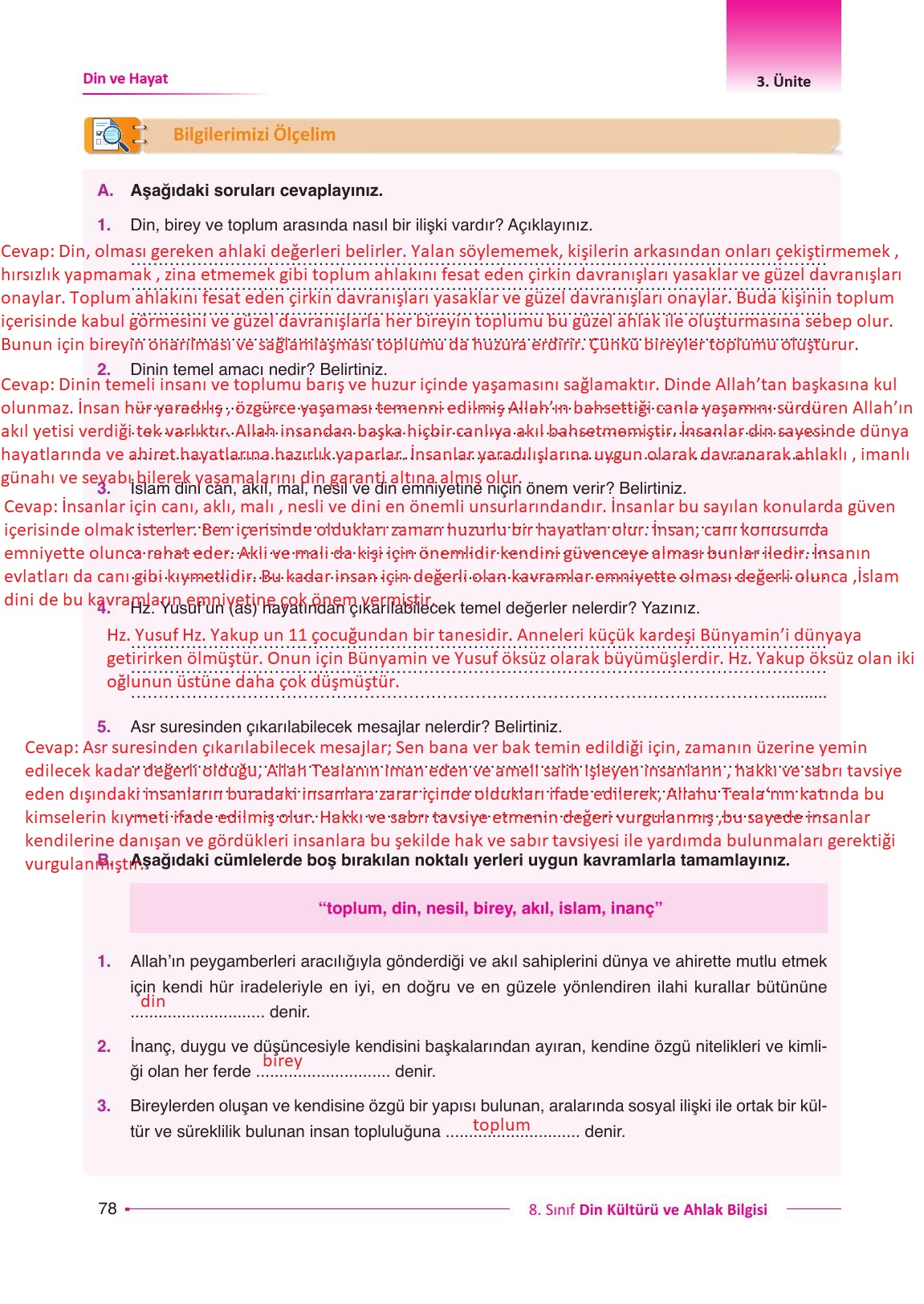 8. Sınıf Gezegen Yayıncılık Din Kültürü Ve Ahlak Bilgisi Ders Kitabı Sayfa 78 Cevapları