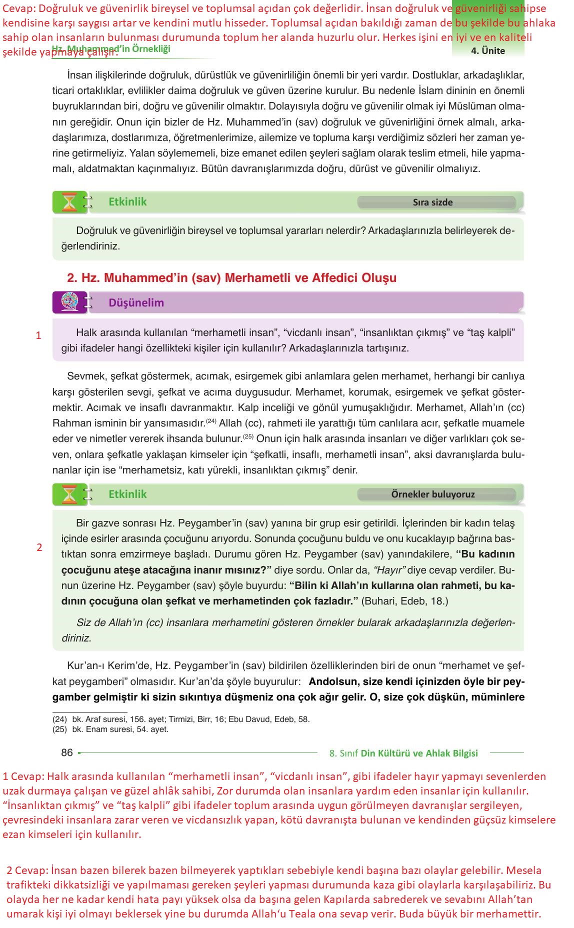 8. Sınıf Gezegen Yayıncılık Din Kültürü Ve Ahlak Bilgisi Ders Kitabı Sayfa 86 Cevapları