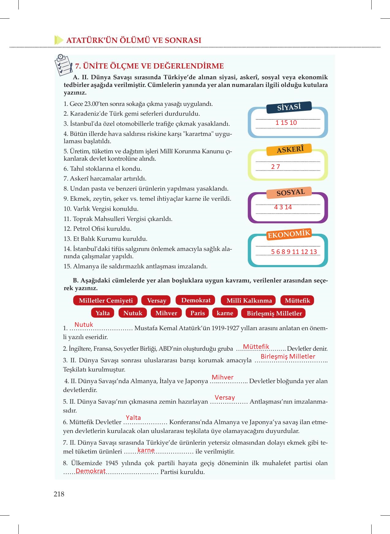 8. Sınıf Meb Yayınları İnkılap Tarihi Ve Atatürkçülük Ders Kitabı Sayfa 218 Cevapları