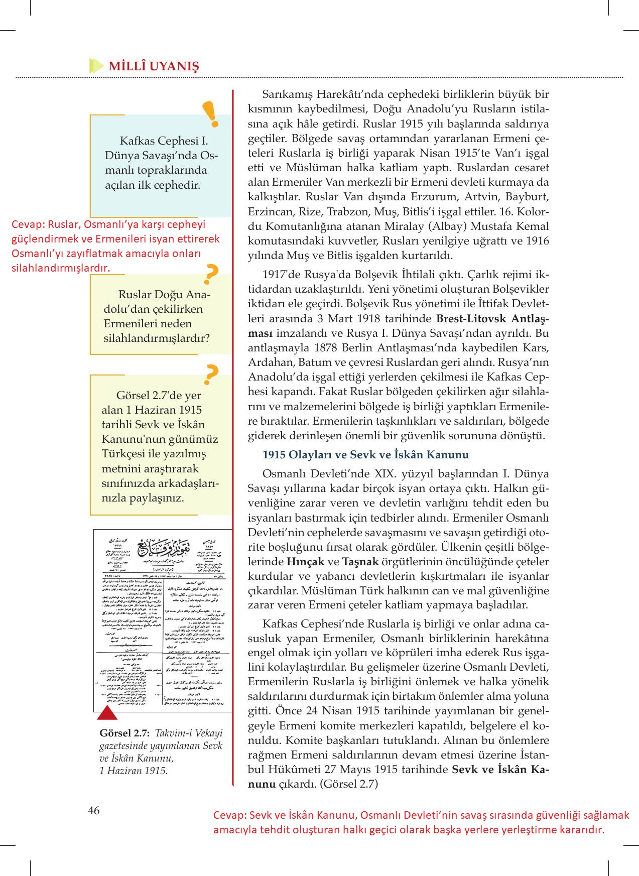 8. Sınıf Meb Yayınları İnkılap Tarihi Ve Atatürkçülük Ders Kitabı Sayfa 46 Cevapları