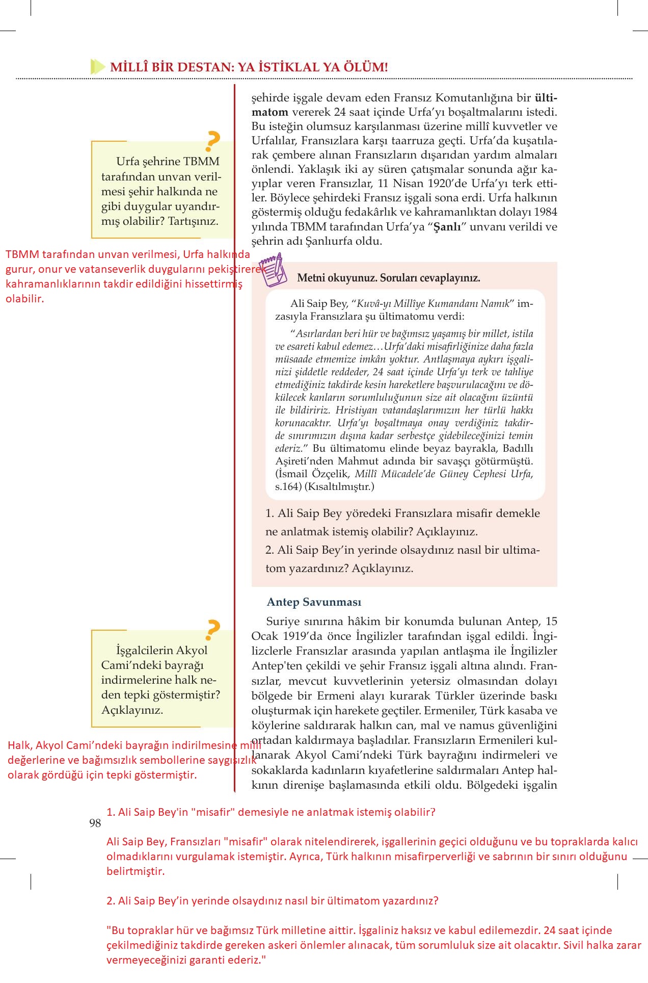 8. Sınıf Meb Yayınları İnkılap Tarihi Ve Atatürkçülük Ders Kitabı Sayfa 98 Cevapları