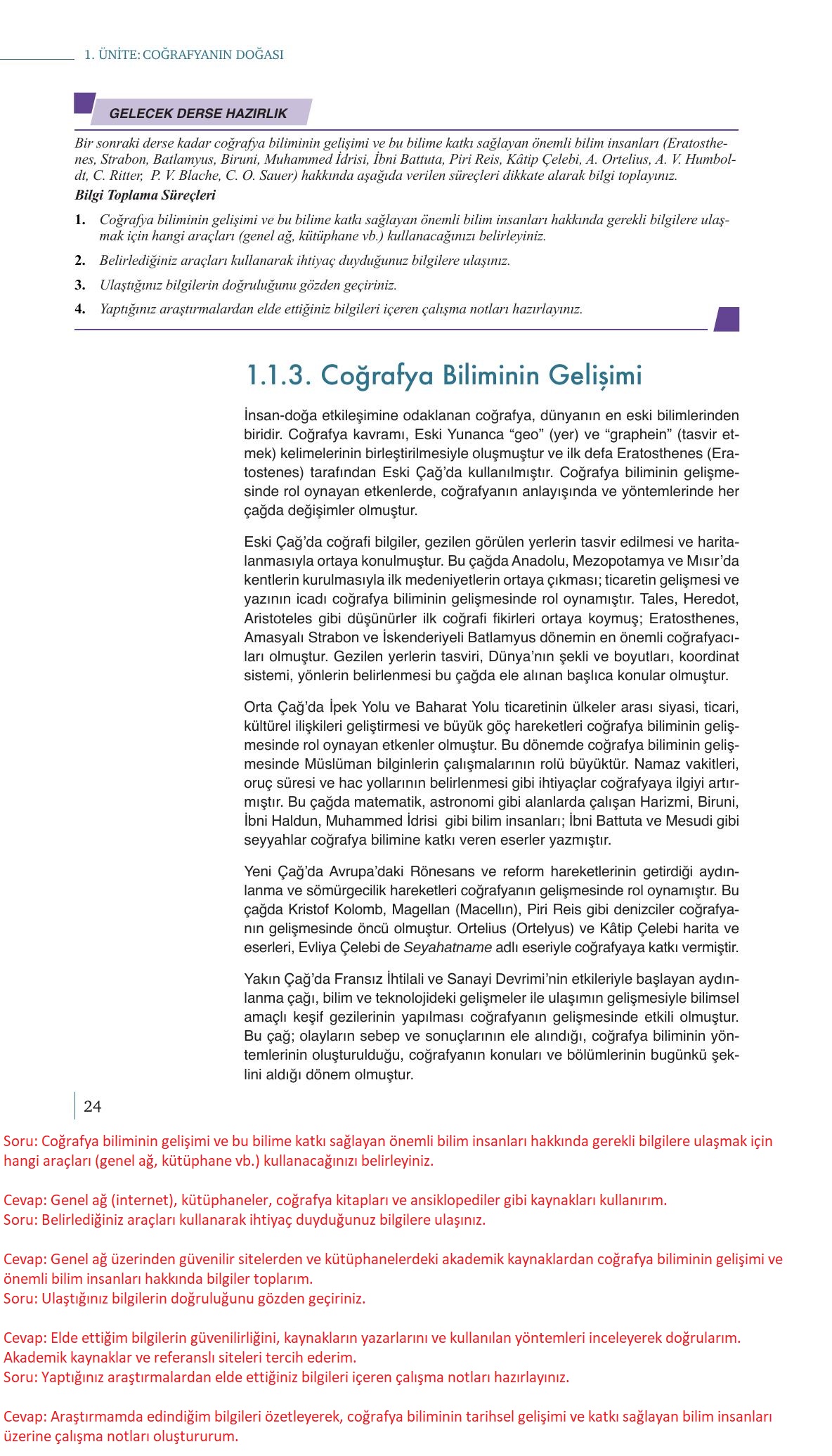 9. Sınıf Meb Yayınları Coğrafya Ders Kitabı Sayfa 24 Cevapları