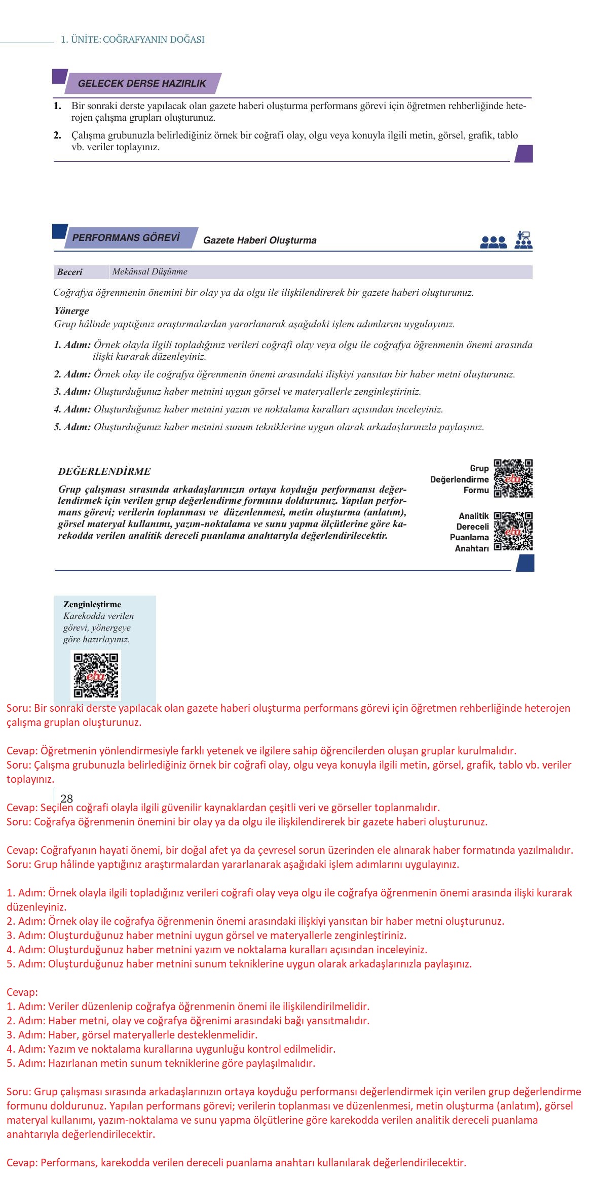 9. Sınıf Meb Yayınları Coğrafya Ders Kitabı Sayfa 28 Cevapları