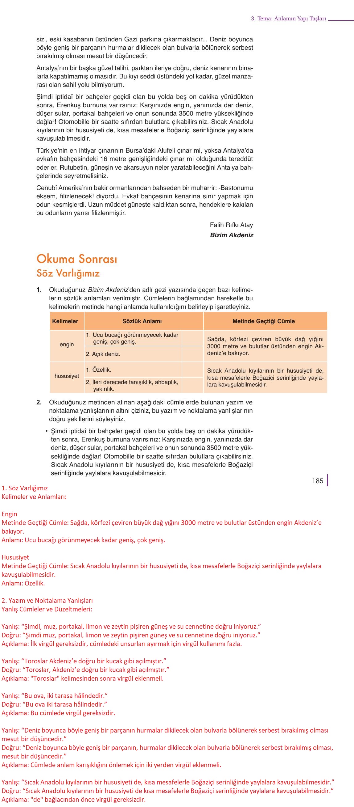 9. Sınıf Meb Yayınları Edebiyat Ders Kitabı Sayfa 185 Cevapları