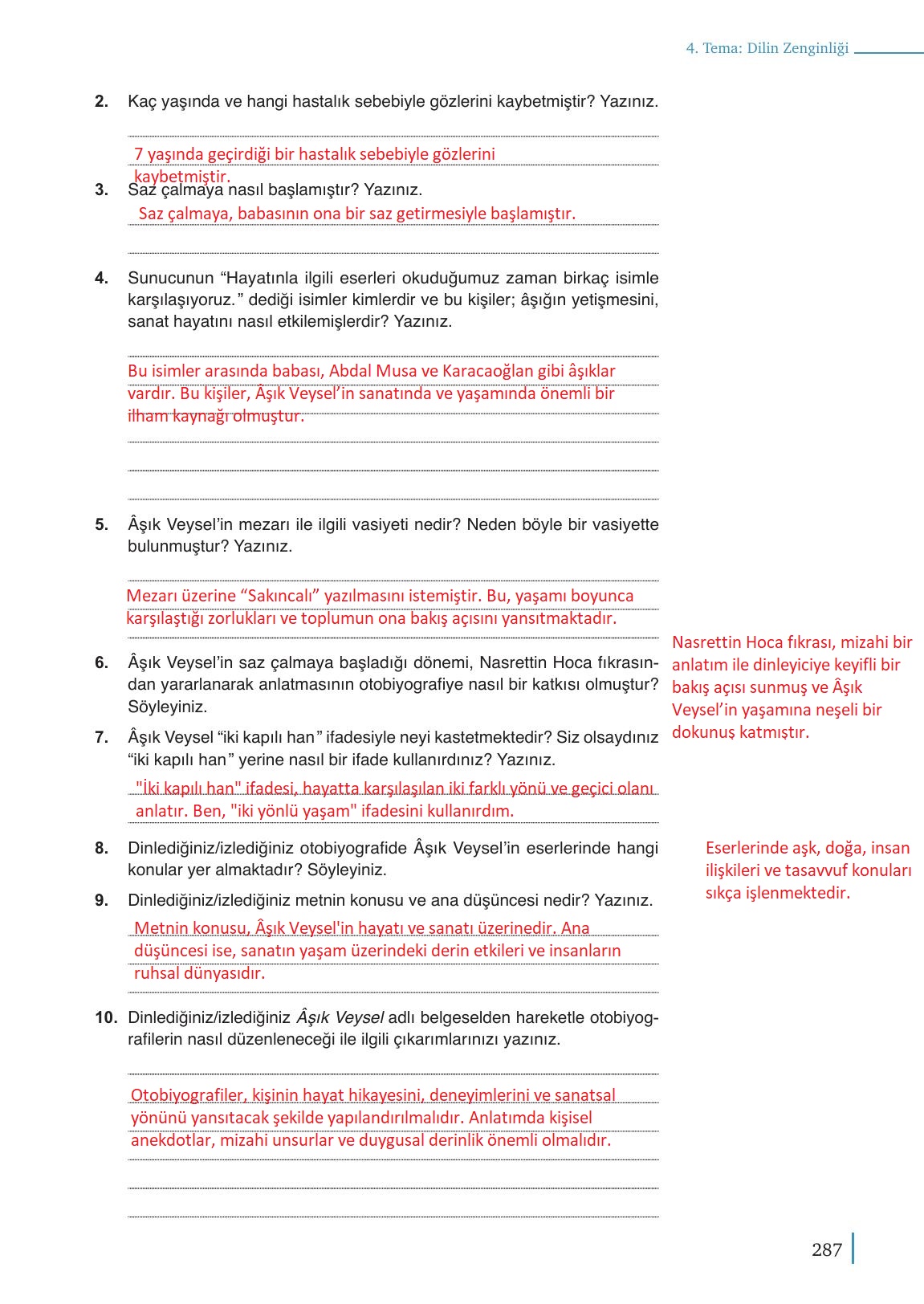 9. Sınıf Meb Yayınları Edebiyat Ders Kitabı Sayfa 287 Cevapları