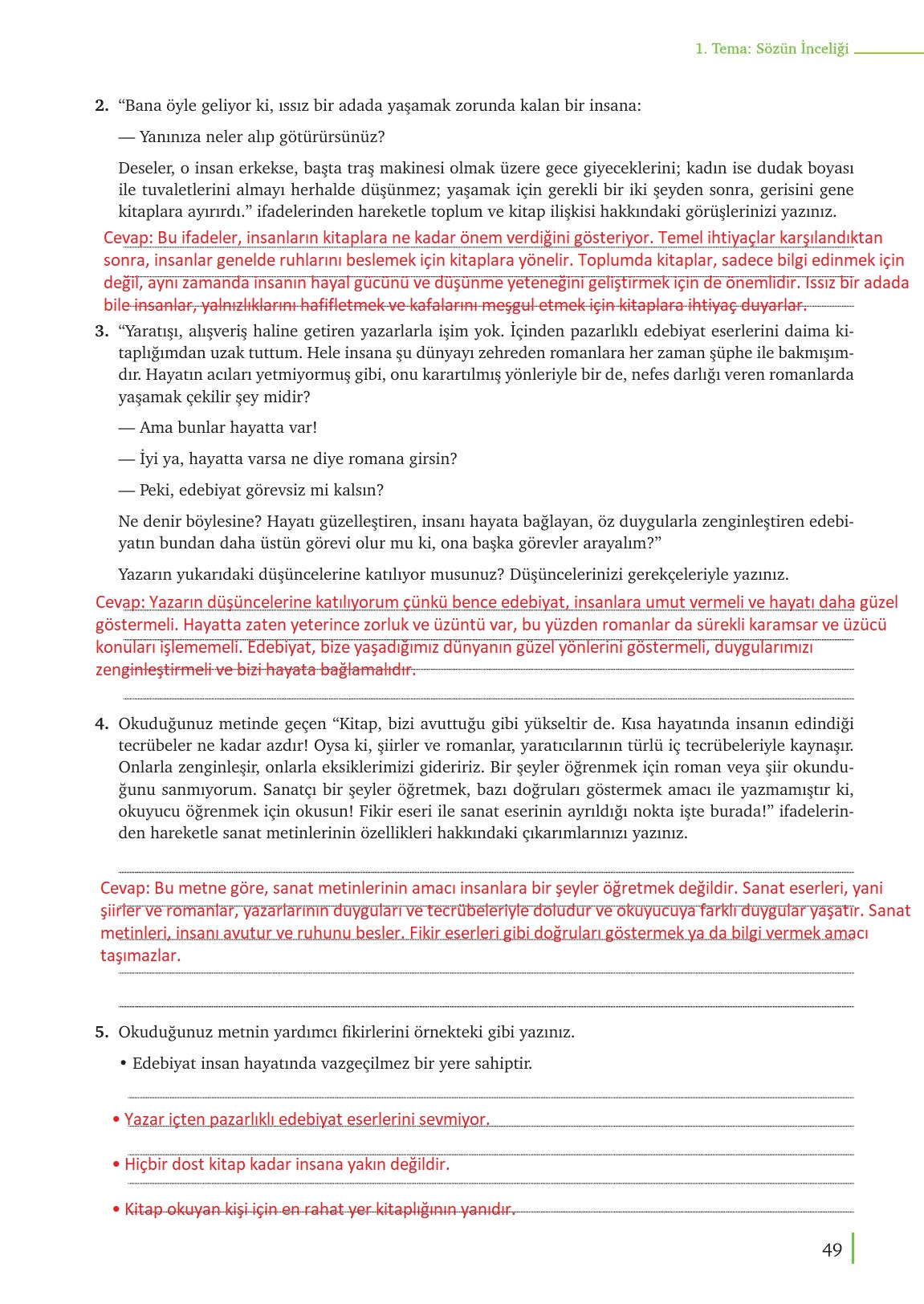 9. Sınıf Meb Yayınları Edebiyat Ders Kitabı Sayfa 49 Cevapları