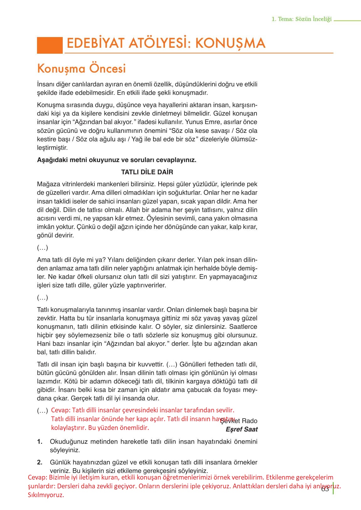 9. Sınıf Meb Yayınları Edebiyat Ders Kitabı Sayfa 63 Cevapları