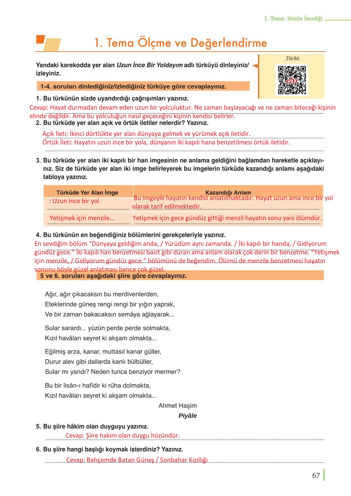 9. Sınıf Meb Yayınları Edebiyat Ders Kitabı Sayfa 67 Cevapları