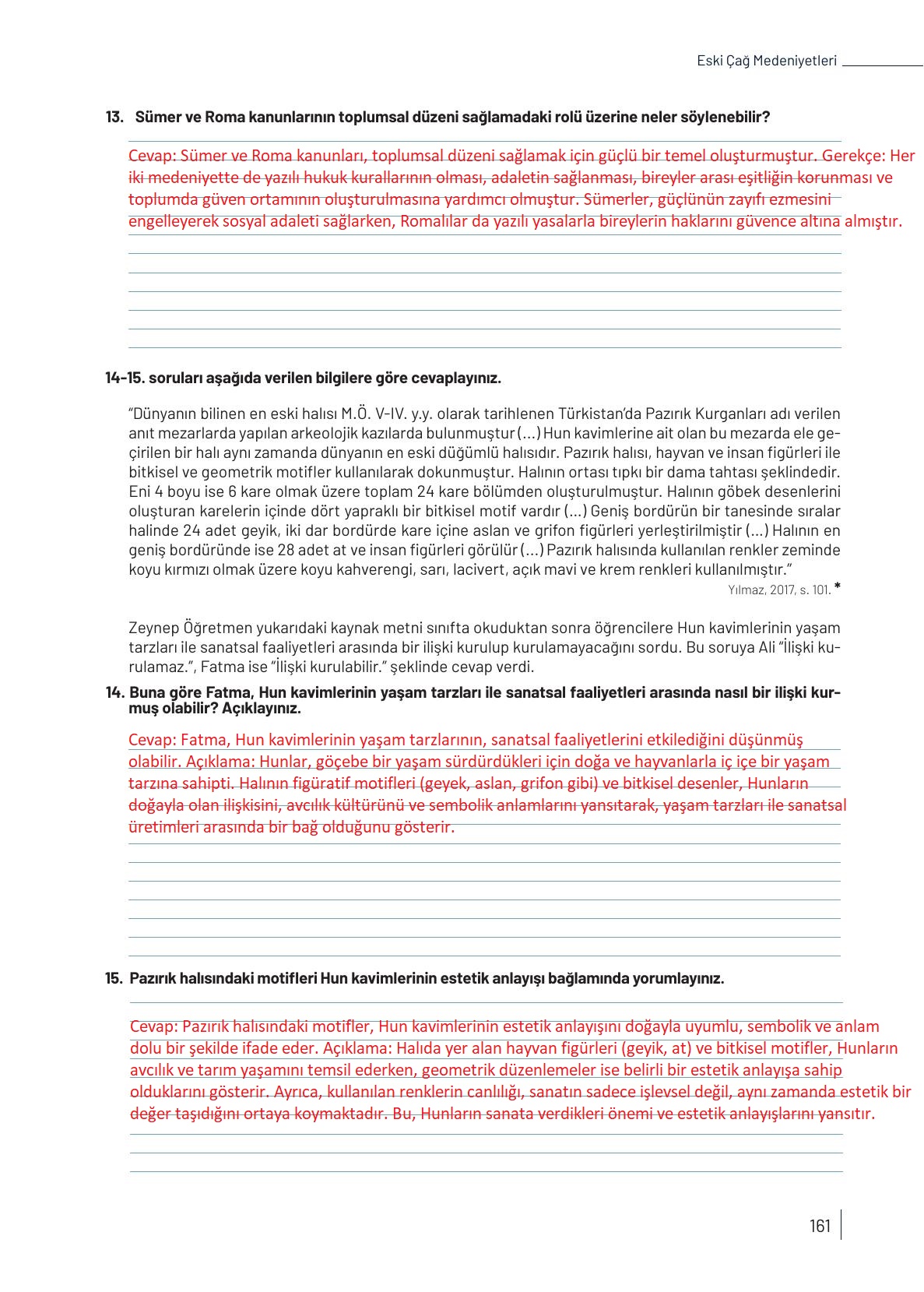 9. Sınıf Meb Yayınları Tarih Ders Kitabı Sayfa 161 Cevapları